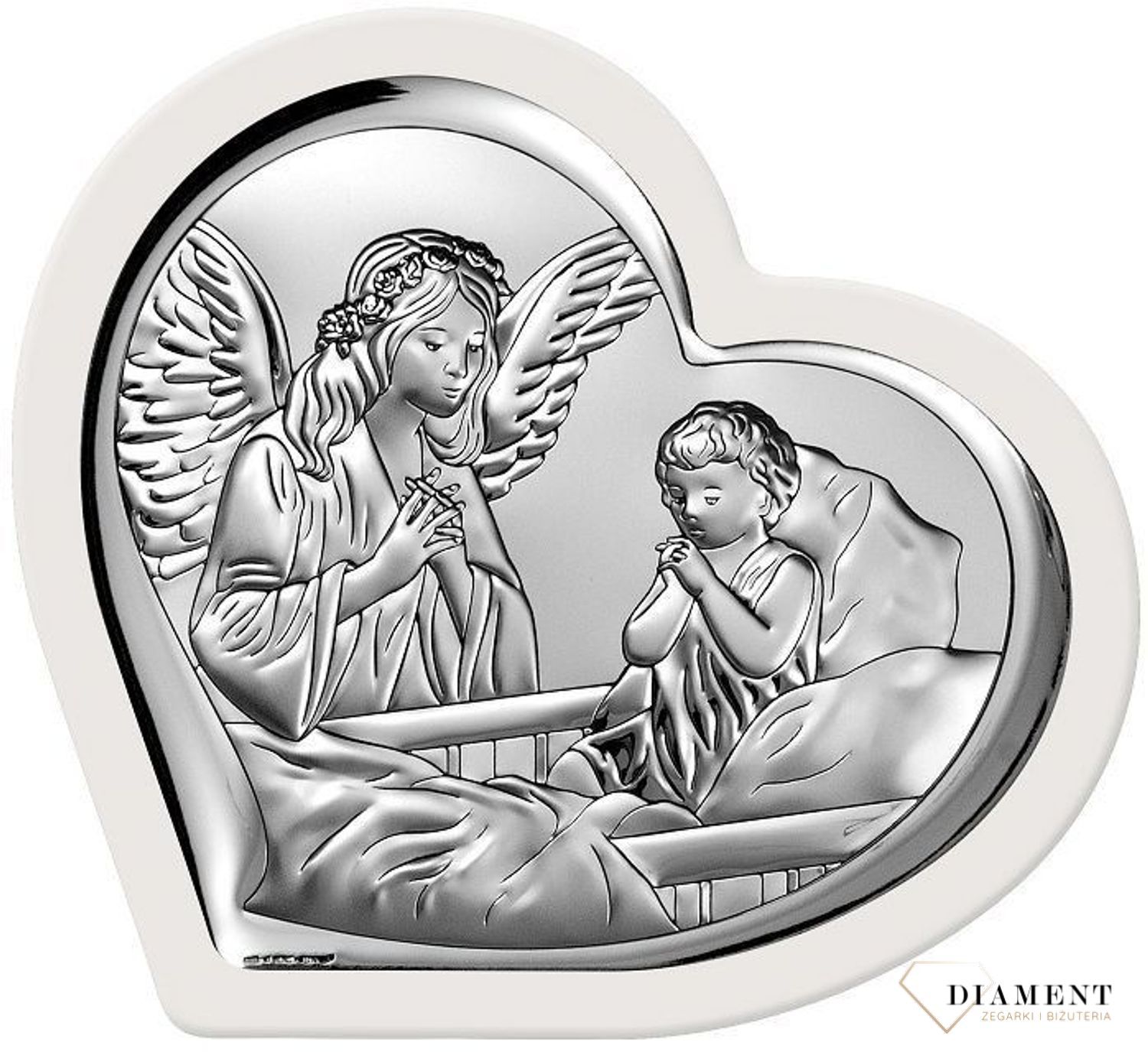 Obraz srebrny z Aniołem i modlącym się dzieckiem w sercu BC65122W. Pamiatka dla dziecka.jpg