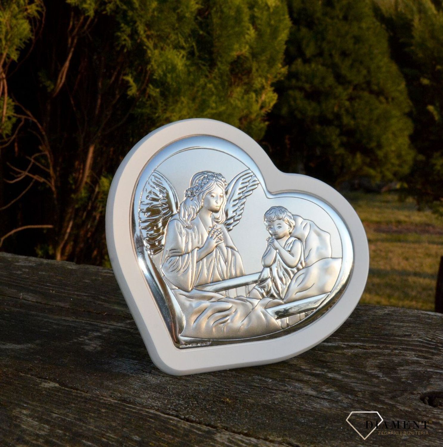 Obraz srebrny z Aniołem i modlącym się dzieckiem w sercu BC65122W. Pamiatka dla dziecka.jpg