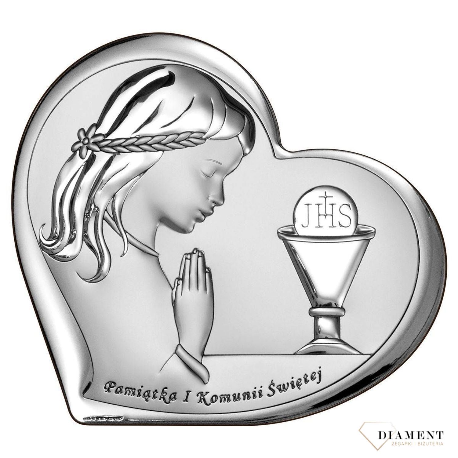 Obrazek srebrny Pierwsza Komunia Święta dla dziewczynki z grawerem  BC65281A 8 X 7,3 cm. Pamiątka I Komunii Świętej dla dziewczynki. Prezent na komunię dla dziewczynki obrazek posrebrzany..jpg