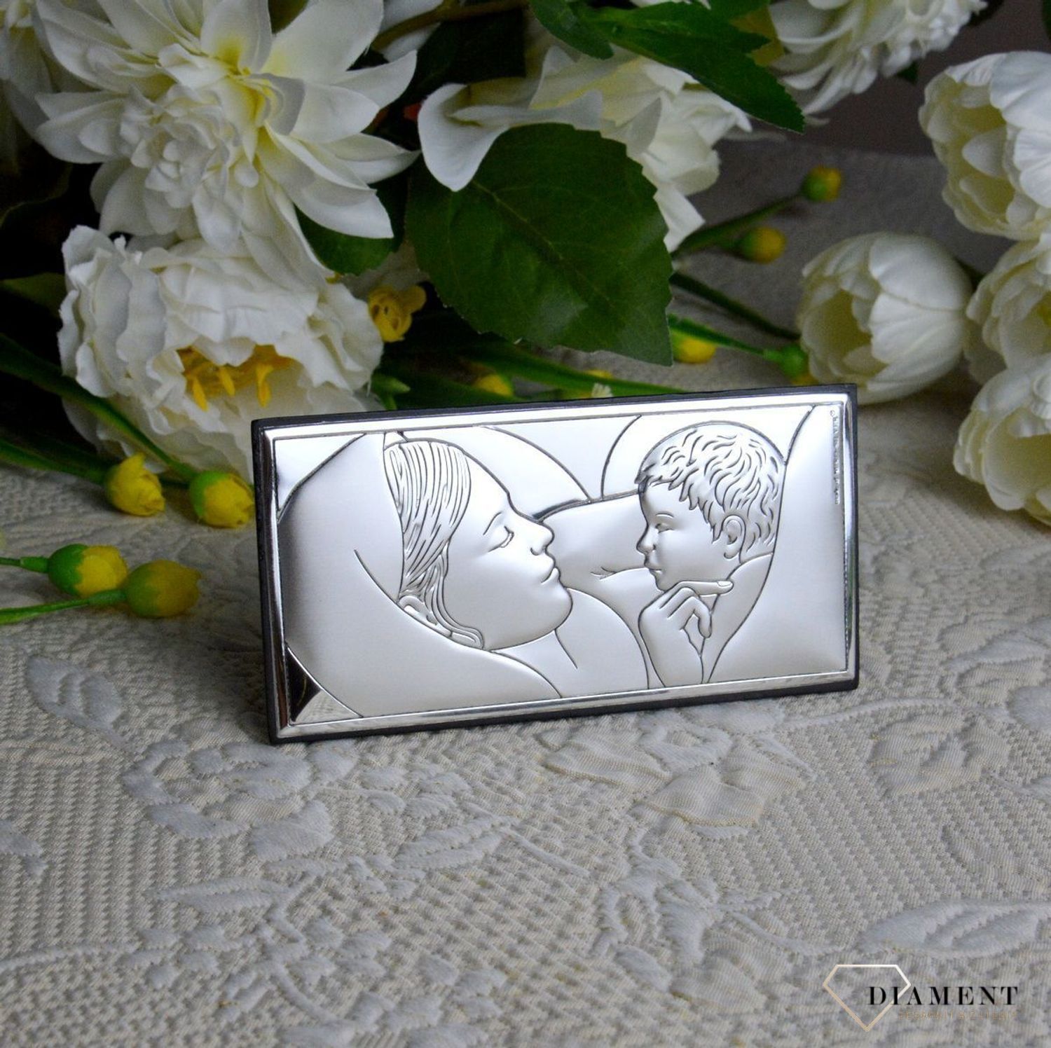 Srebrny obrazek Matka Boska z dzieciątkiem na chrzest..jpg