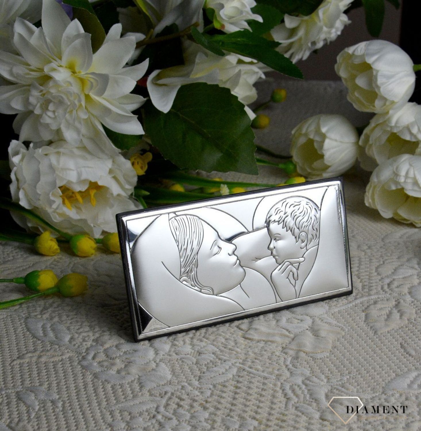 Srebrny obrazek Matka Boska z dzieciątkiem na chrzest..jpg