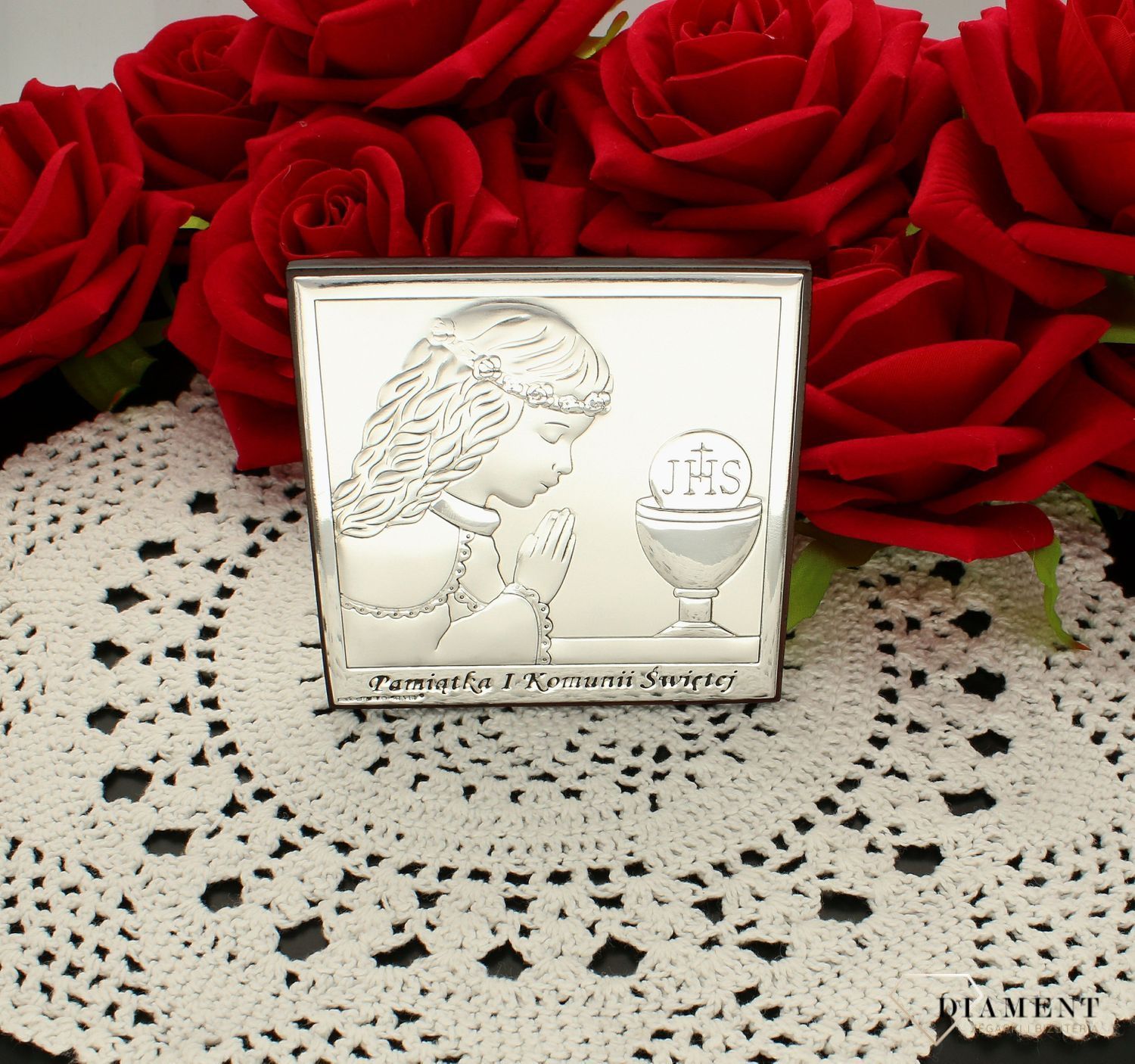 Obrazek srebrny Pierwsza Komunia Święta dla dziewczynki z grawerem 6568.2A. Prezent dla dziewczynki na komunie. Prezent na rocznice komuni. Obrazek srebrny dla dziewczynki z grawerem. Pamiątka I komunii świętej..jpg