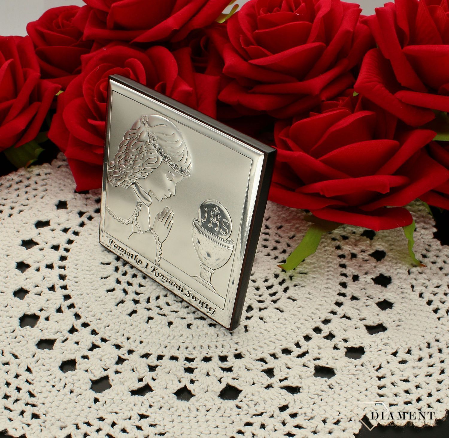 Obrazek srebrny Pierwsza Komunia Święta dla dziewczynki z grawerem 6568.2A. Prezent dla dziewczynki na komunie. Prezent na rocznice komuni. Obrazek srebrny dla dziewczynki z grawerem. Pamiątka I komunii świętej..jpg