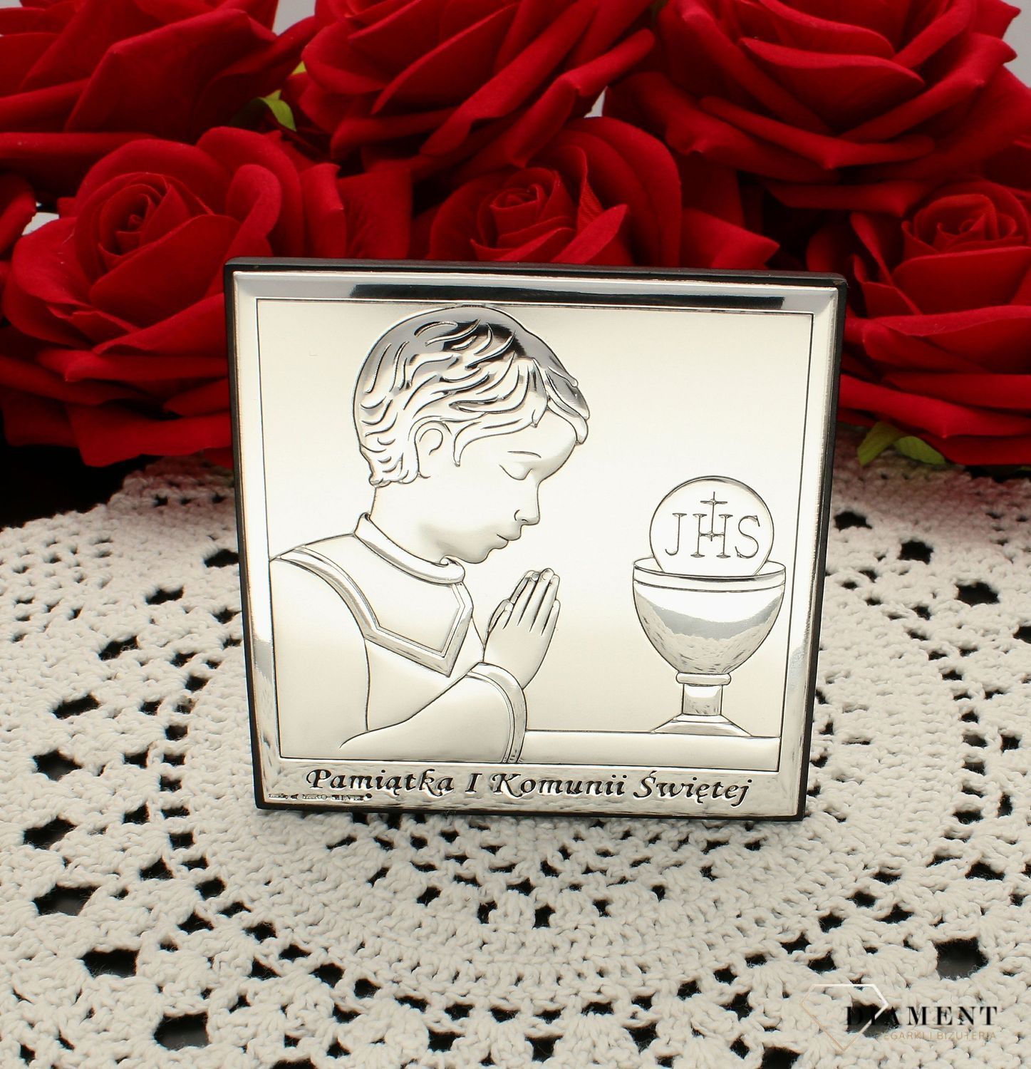 Obrazek srebrny Pierwsza Komunia Święta dla chłopca z grawerem 6568.2O. Pamiątka I Komunii Świętej. Obrazek z grawerem na komunie. Prezent na komunie dla chłopca.jpg