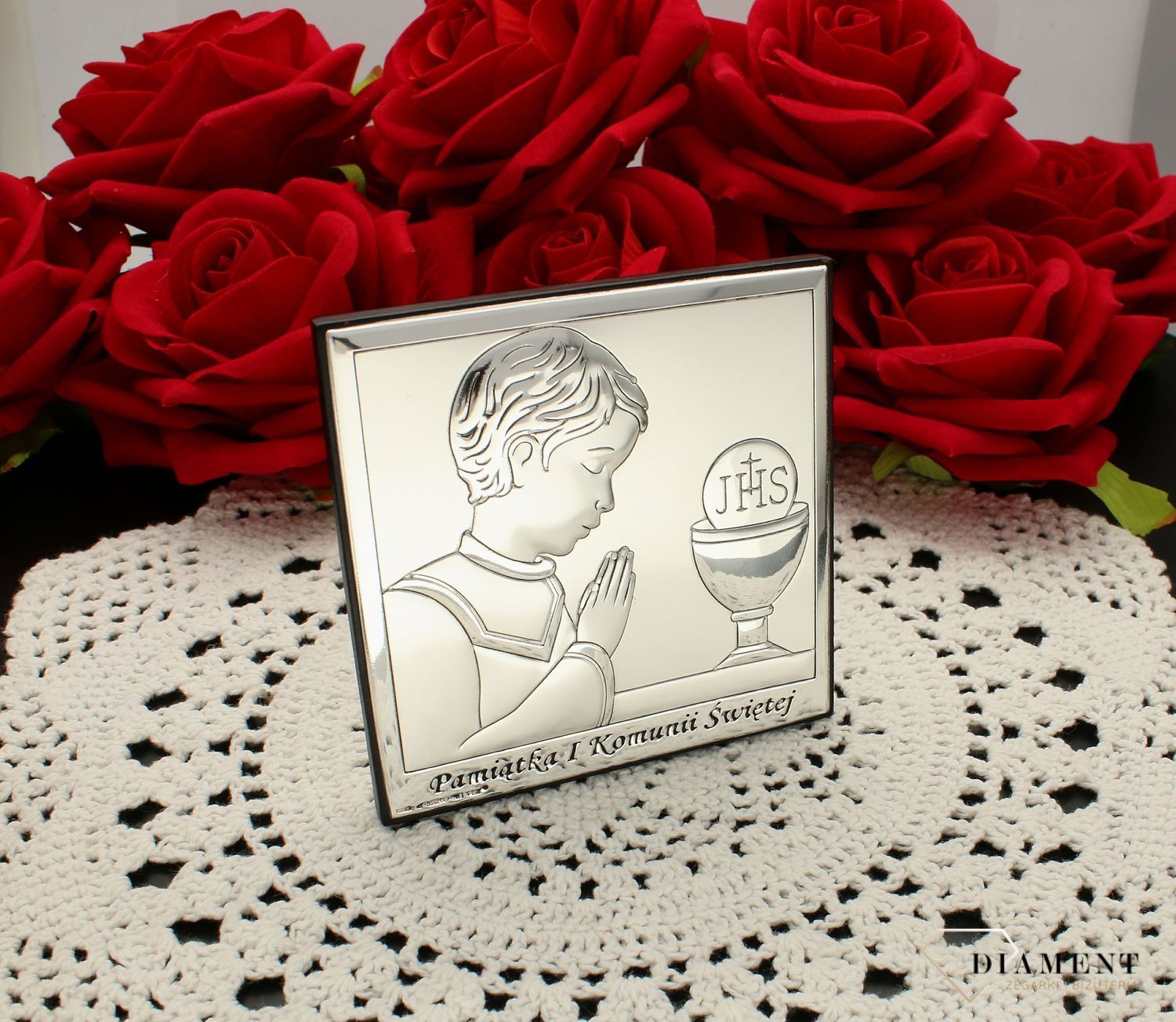 Obrazek srebrny Pierwsza Komunia Święta dla chłopca z grawerem 6568.2O. Pamiątka I Komunii Świętej. Obrazek z grawerem na komunie. Prezent na komunie dla chłopca.jpg
