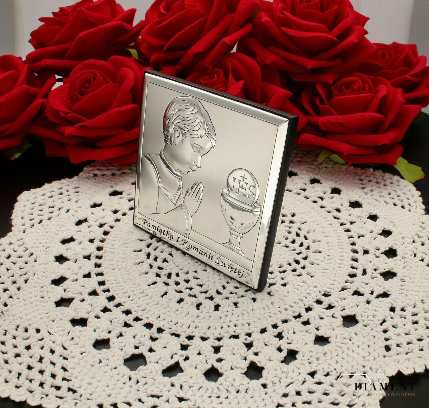 Obrazek srebrny Pierwsza Komunia Święta dla chłopca z grawerem 6568.2O. Pamiątka I Komunii Świętej. Obrazek z grawerem na komunie. Prezent na komunie dla chłopca.jpg