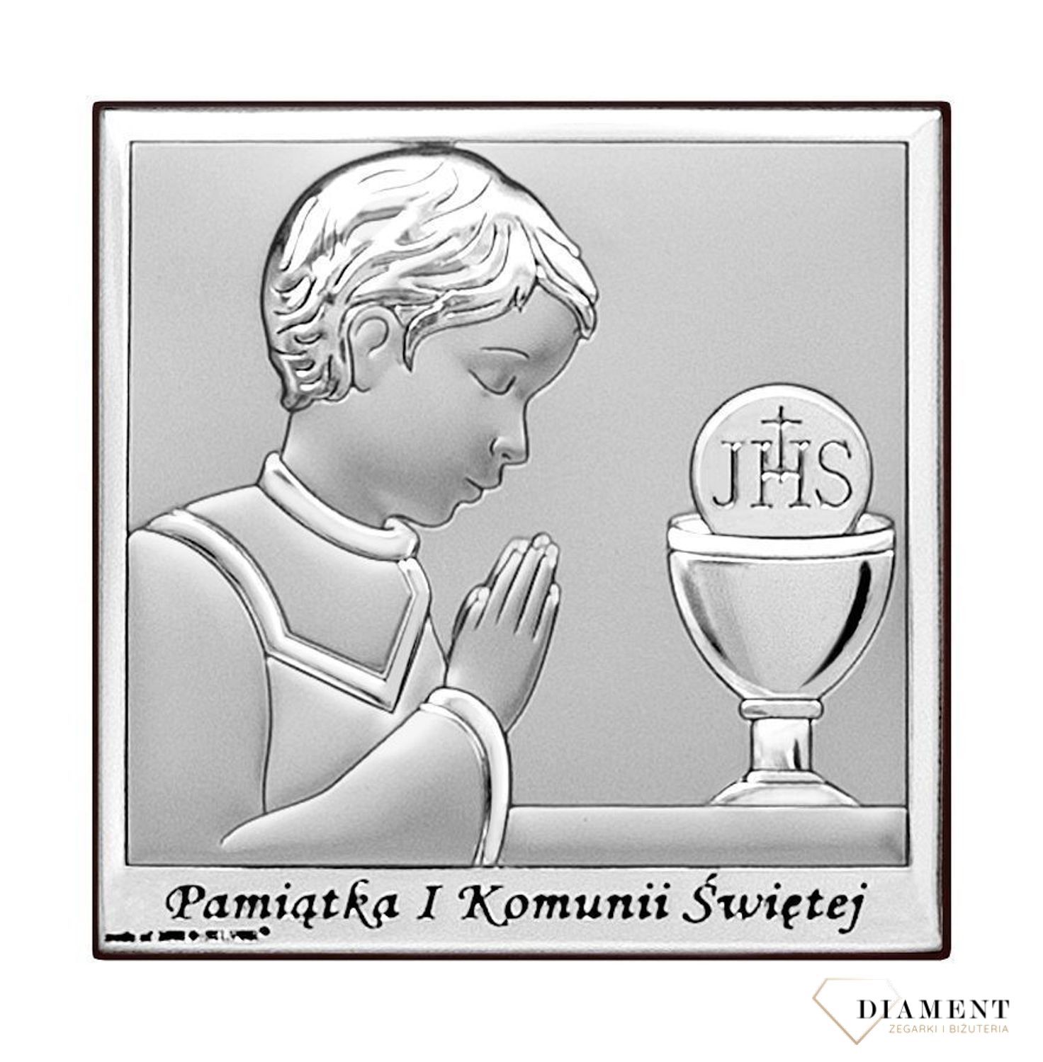 Obrazek srebrny Pierwsza Komunia Święta dla chłopca z grawerem 6568.2O. Pamiątka I Komunii Świętej. Obrazek z grawerem na komunie. Prezent na komunie dla chłopca.jpg
