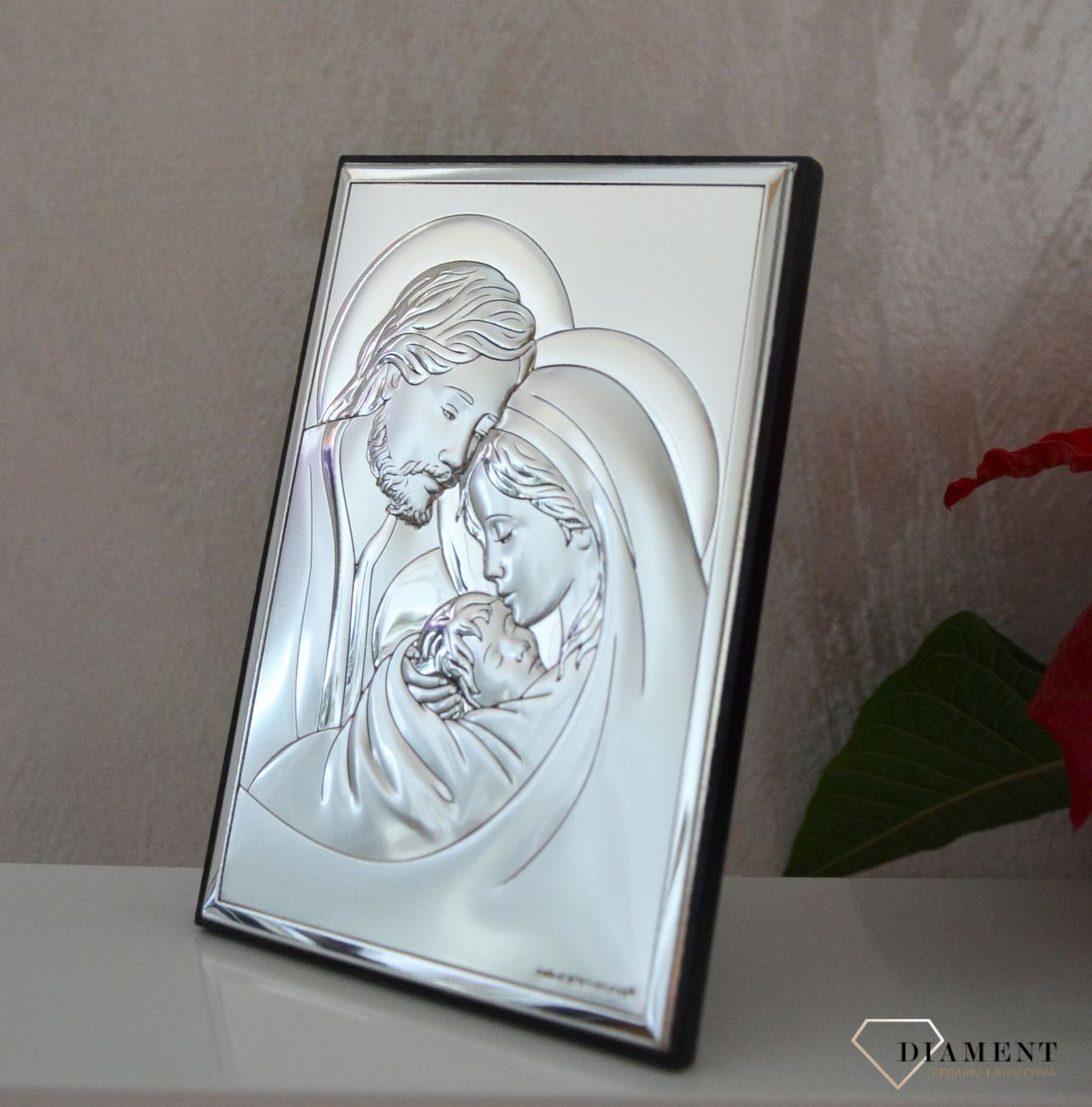 Piękny, srebrny obrazek z wizerunkiem Świętej Rodziny na drewnie BC66652X.jpg