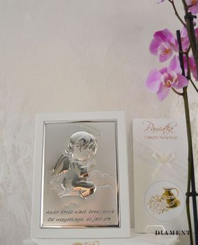 Obrazek srebrny z wizerunkiem Aniołka na chmurce w pięknej białej oprawie z grawerem. To idealny prezent na Chrzest Święty, pierwsze urodziny.6.JPG