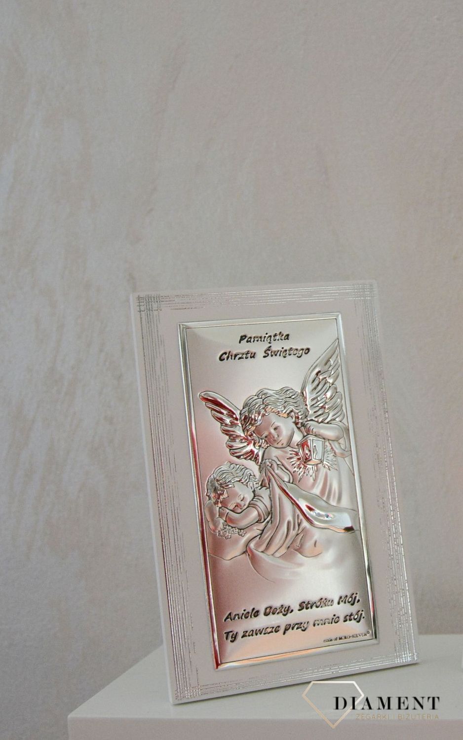 Obrazek srebrny na chrzest Anioł Stróż z dzieciątkiem na białym drewnie BC6668SF2.jpg