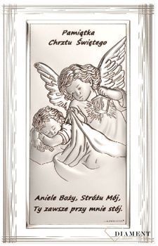Obrazek srebrny na chrzest Anioł Stróż z dzieciątkiem na białym drewnie BC6668SF2.jpg