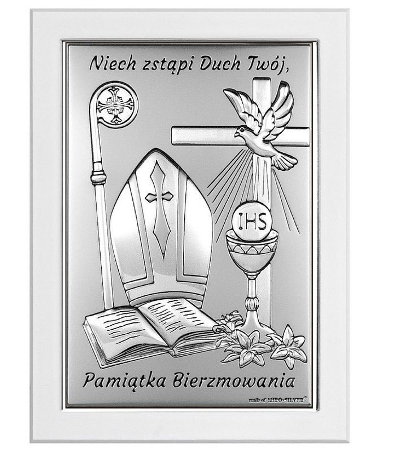 Obrazek srebrny biała ramka symbolizujący Sakrament Bierzmowania BC67212W.jpg