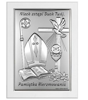 Obrazek srebrny biała ramka symbolizujący Sakrament Bierzmowania BC67212W.jpg