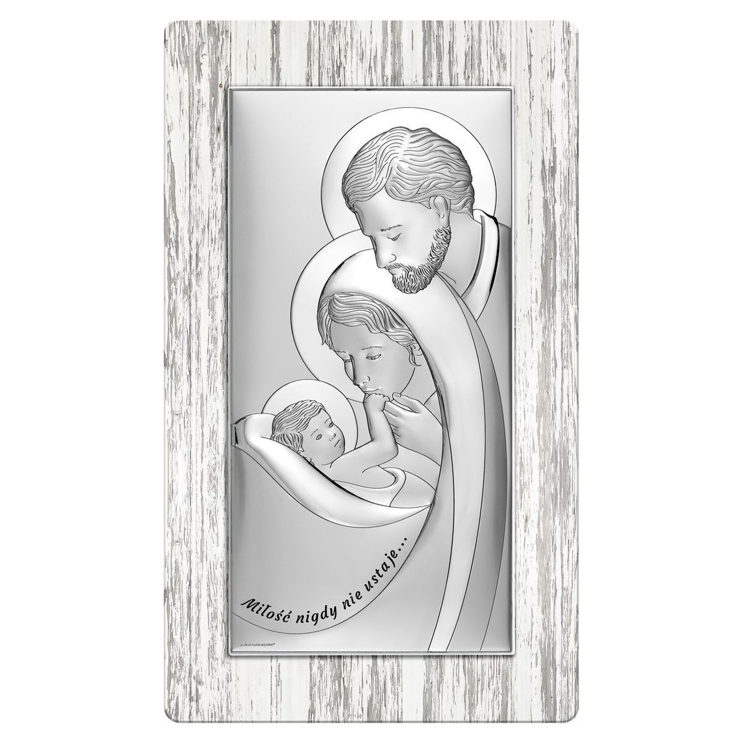 Srebrny obrazek z wizerunkiem Świętej Rodziny w drewnianej ramce BC6729S2S.jpg
