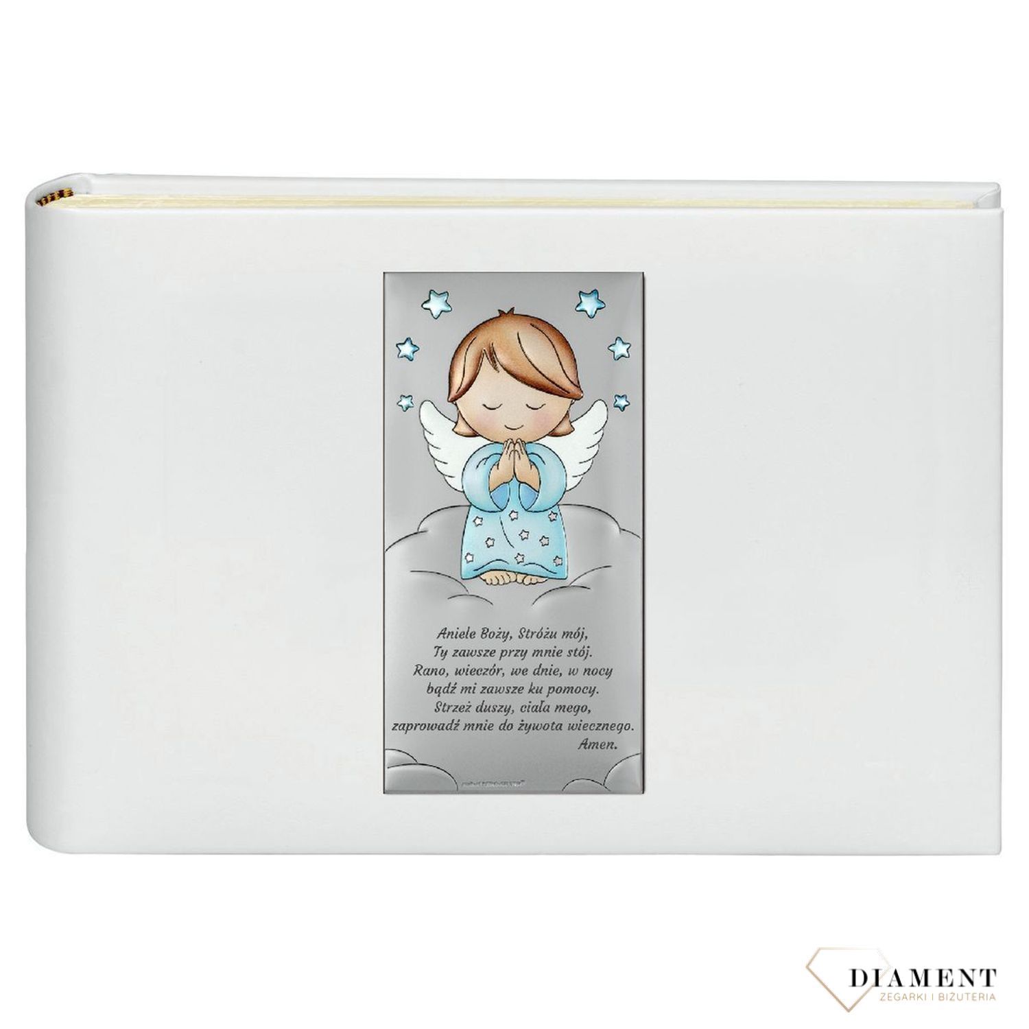 Album na chrzest, roczek dla dziecka. Album na zdjęcia produkowany ze skóry organicznej. Na okładce znajduje się posrebrzany obrazek z motywem niebieskiego Aniołka..jpg