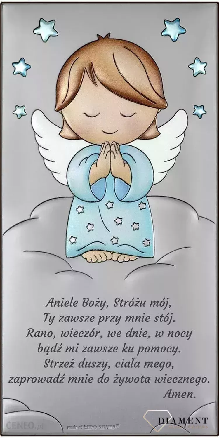 Obrazek srebrny z Aniołem Stróżem w niebieskim odcieniu to piękna ozdoba dziecięcego pokoju. Wykonany z wysokiej jakości drewna oraz metalu pokrytego srebrem i lakierem zabezpieczającym, dzięki któremu produkt zachowa swój b.webp