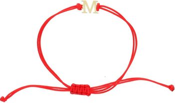 Subtelna bransoletka damska ze złota próby 585 na czerwonym sznureczku z literką „M”. Ściągane zapięcie, regulowana długość, idealna na prezent lub jako osobisty talizman.1.jpg