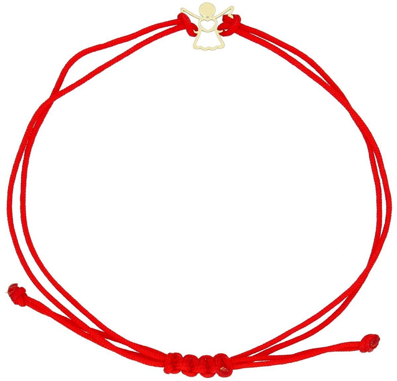 Bransoletka damska BG3131v161 na czerwonym sznurku, złoto 585, zdobiona aniołkiem 9×9 mm. Waga 0,07 g, zapięcie regulowane. Symboliczna, delikatna, idealna na prezent.1.jpg