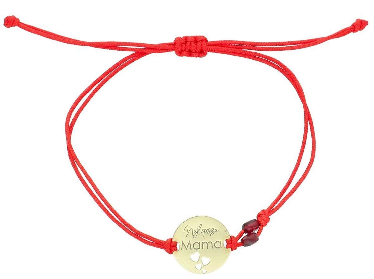 Złota bransoletka na sznurku próby 585 BG3131v48 z napisem „Najlepsza Mama” i serduszkami. Waga 1,37 g, okrągła blaszka 1,2 cm. Idealny, wzruszający prezent dla mamy.1.jpg