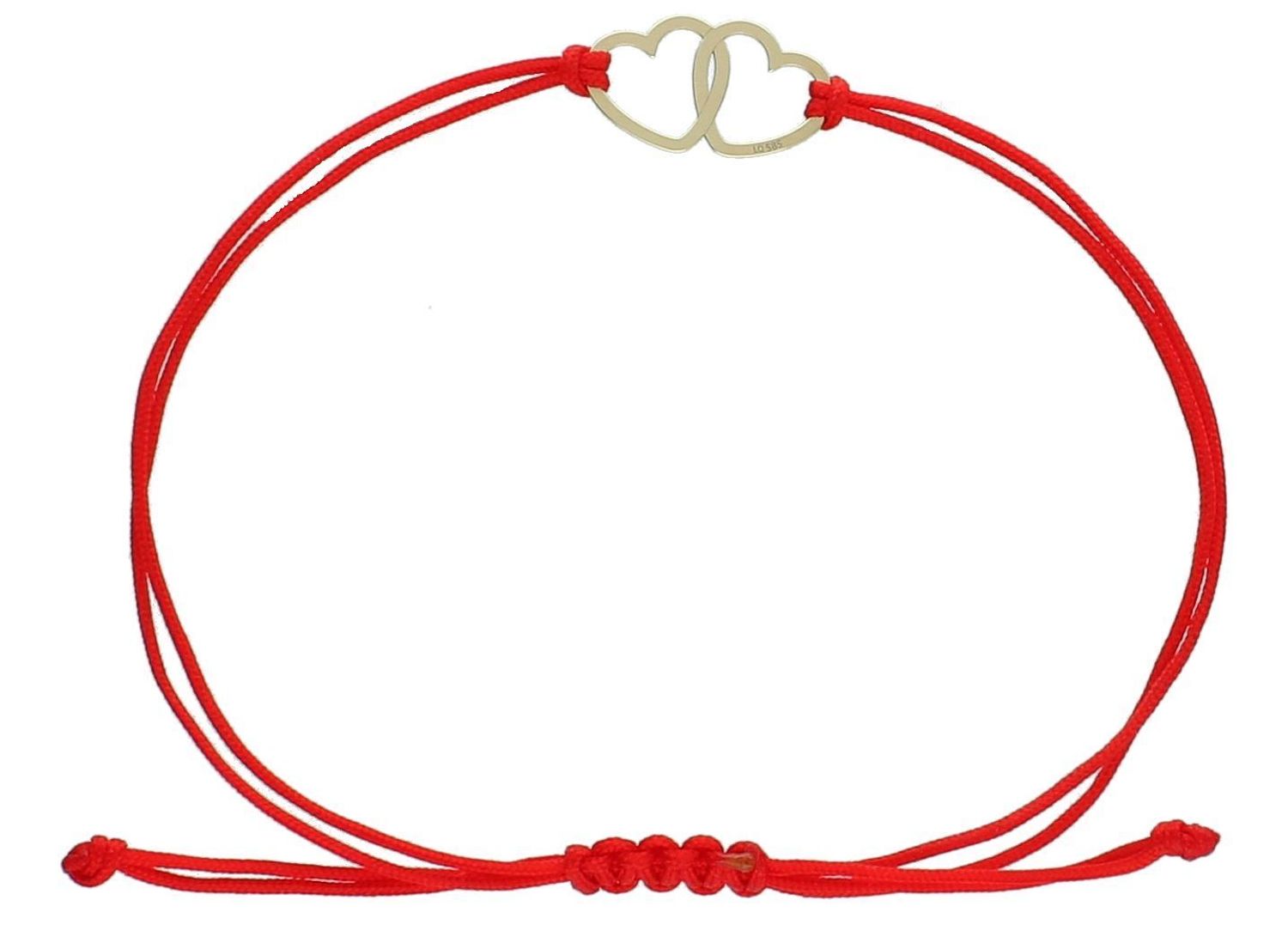 Bransoletka damska na sznureczku dwa serca pr 585, BG3131v51 Bransoletka na sznurku 585 złote dwa serduszka, wykonana z bawełnianego sznurka oraz złota próby 585. Czerwony sznurek 1.jpg