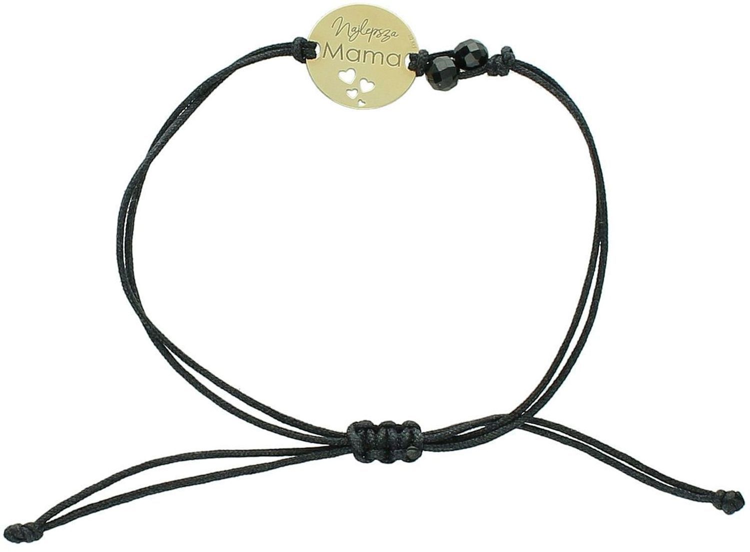Złota bransoletka „Najlepsza Mama” na czarnym sznurku, z cyrkoniami i spinelem. Regulowana, złoto próba 585.jpg
