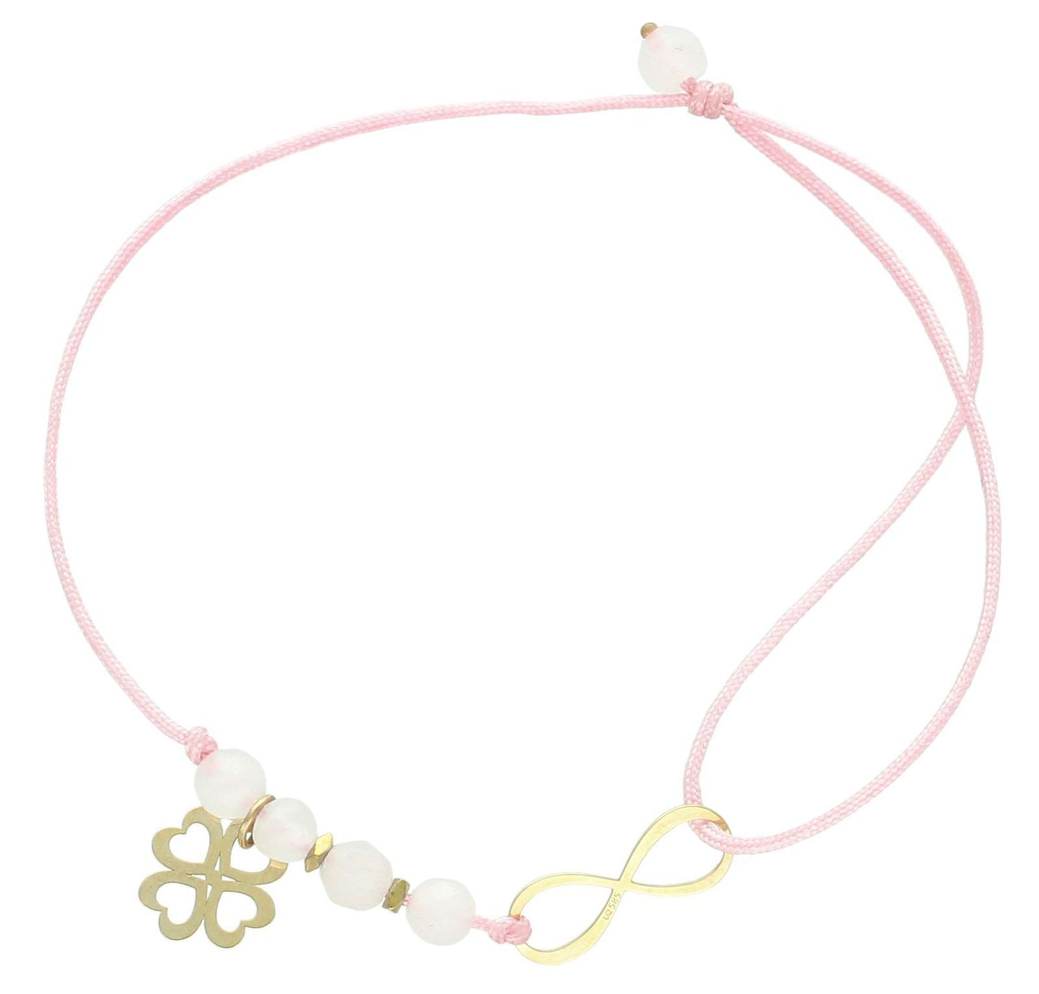 Złota bransoletka damska znak nieskończoności, koniczynka na sznureczku próba 585, BG3166v5. Bransoleta złota z różowym sznurkiem to bardzo modny, nowoczesny akcent dla kobiet lubiących podkreślać1.jpg