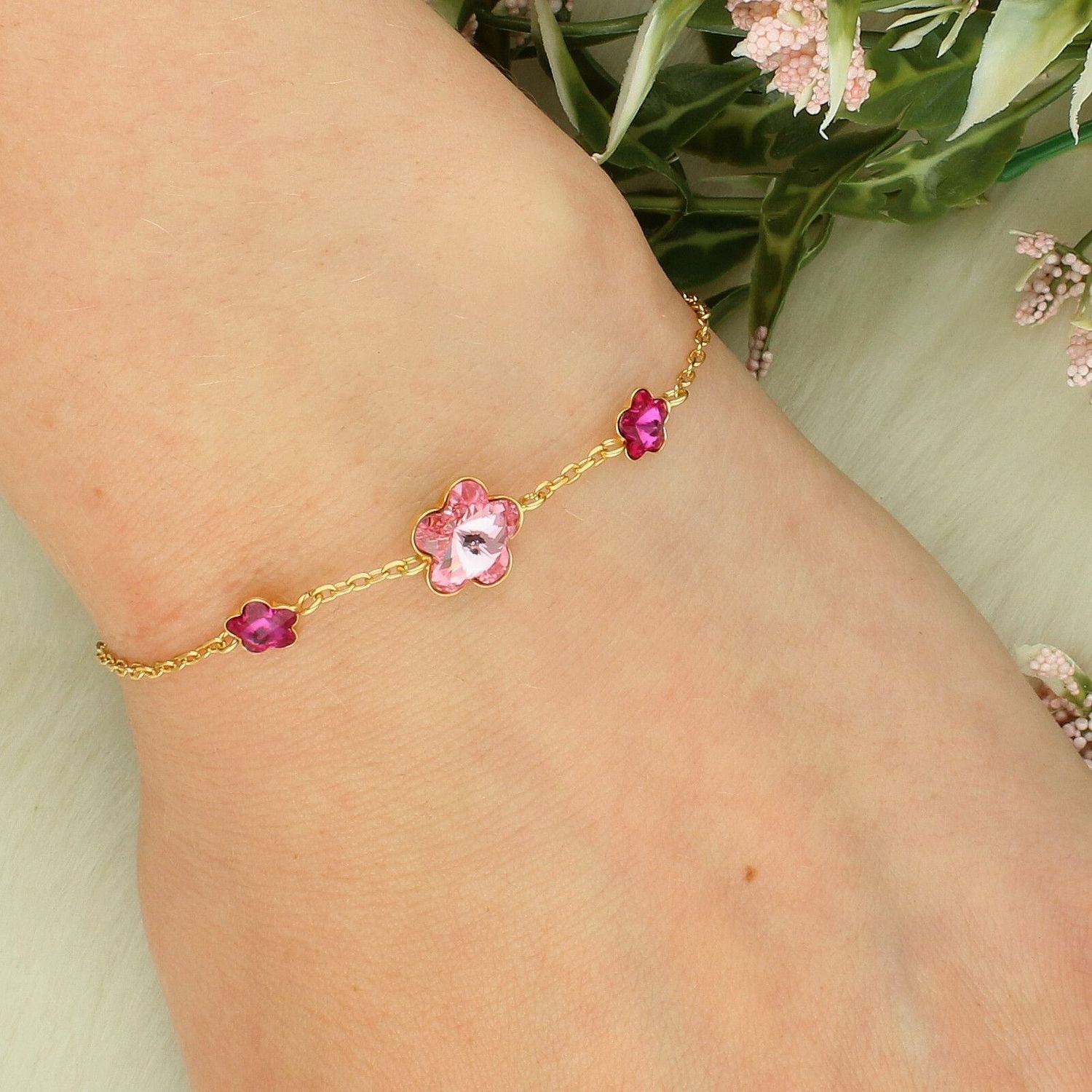 Bransoletka srebrna pozłacana 925 z kryształami Light Rose i Fuchsia – kwiaty.jpg