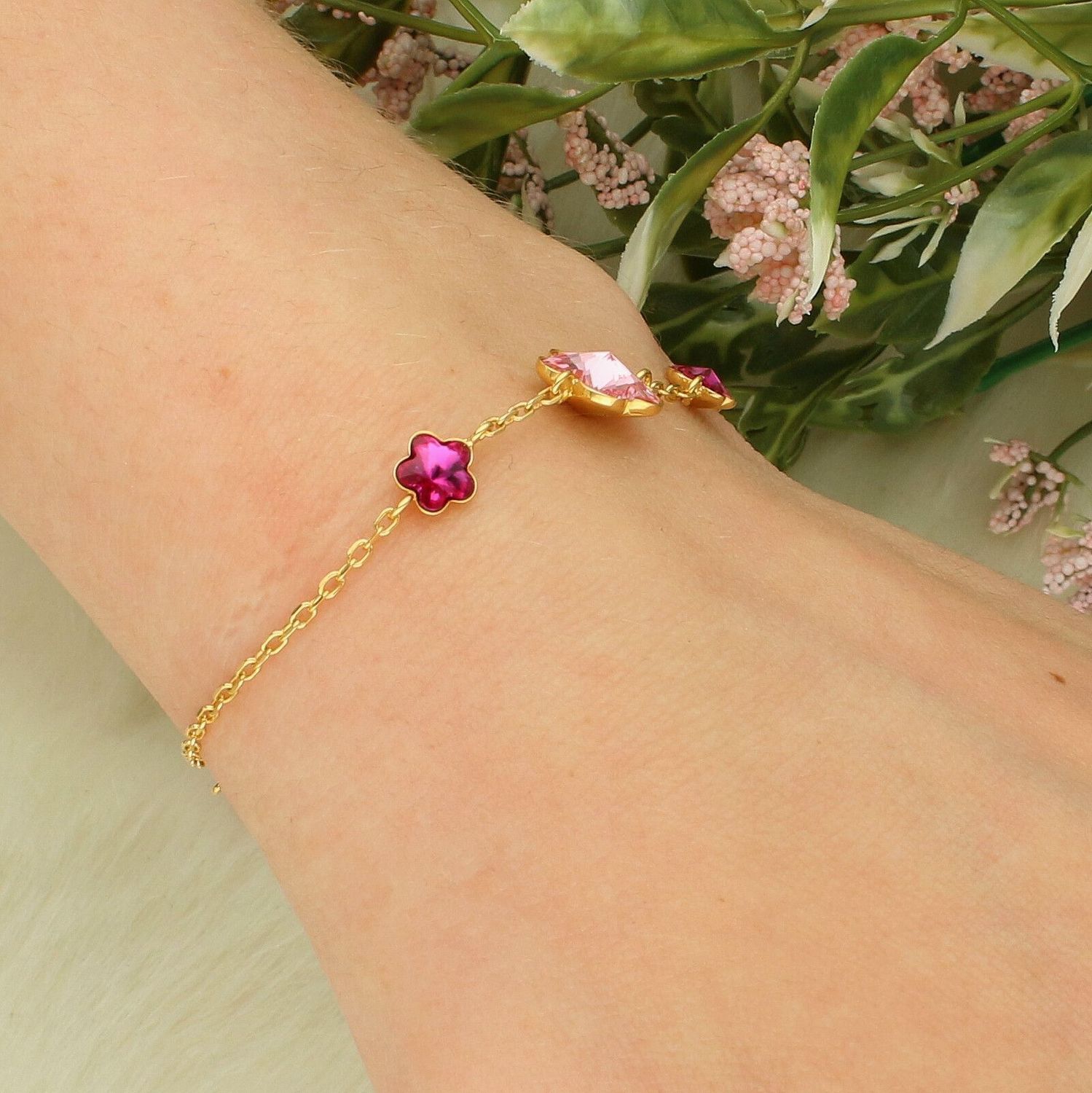 Bransoletka srebrna pozłacana 925 z kryształami Light Rose i Fuchsia – kwiaty.jpg