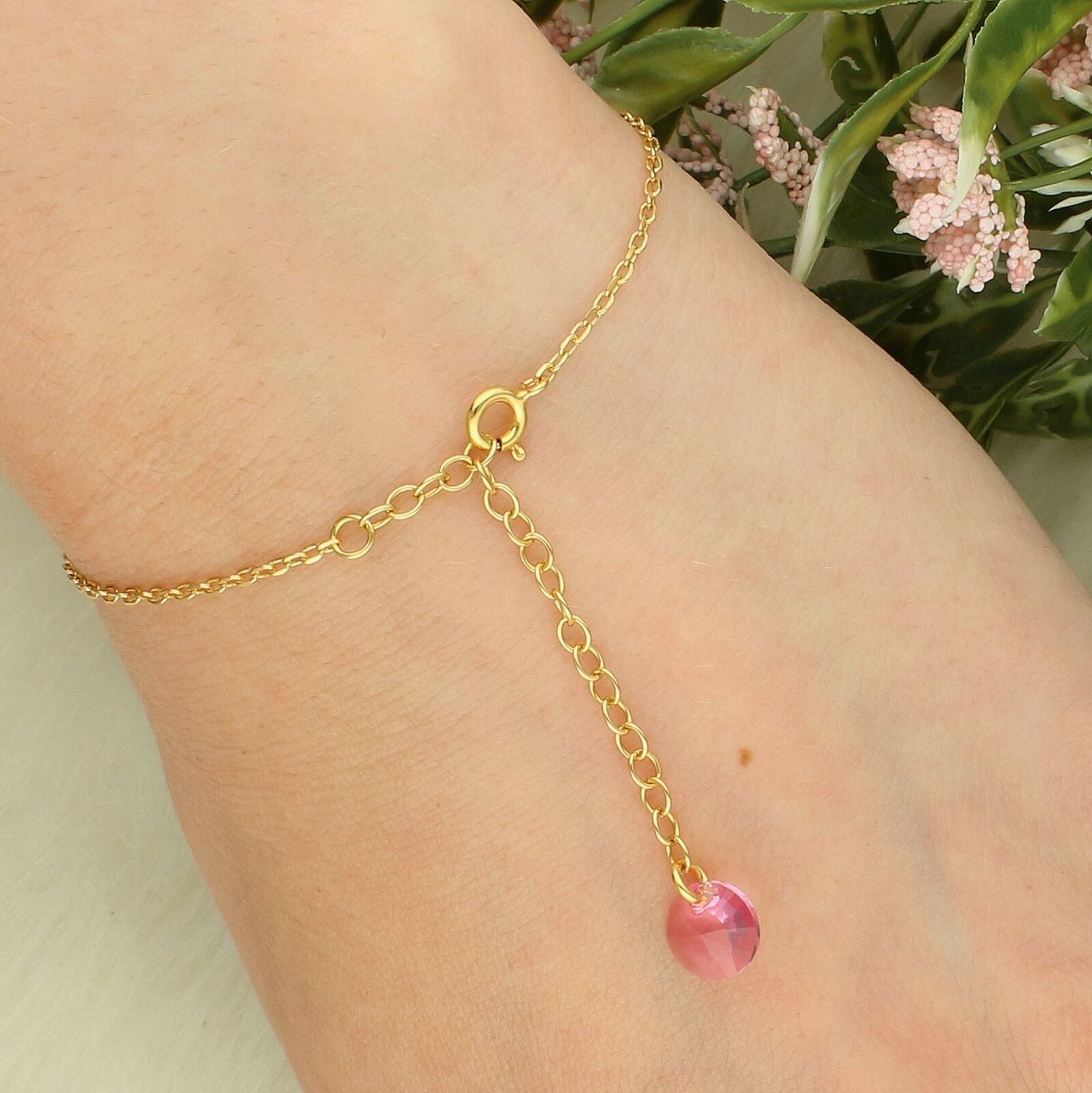 Bransoletka srebrna pozłacana 925 z kryształami Light Rose i Fuchsia – kwiaty.jpg
