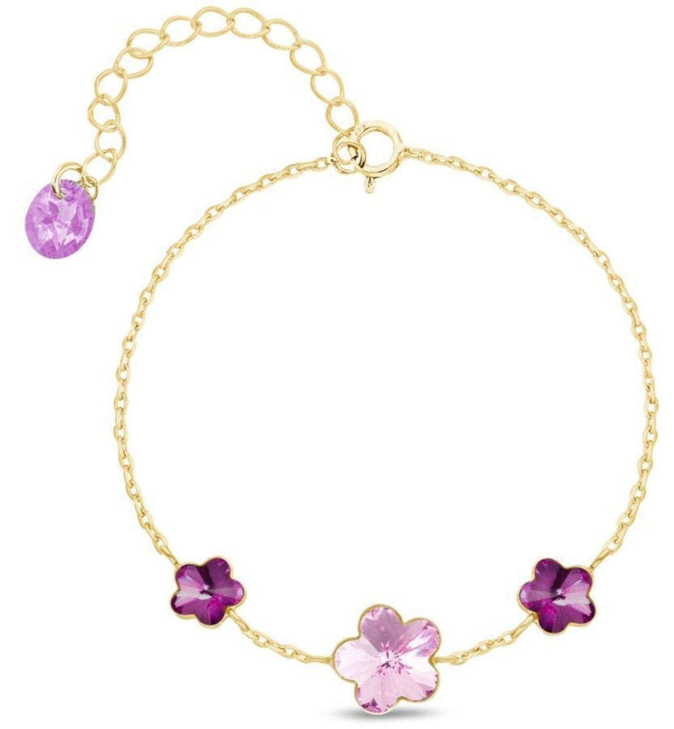 Bransoletka srebrna pozłacana 925 z kryształami Light Rose i Fuchsia – kwiaty.jpg