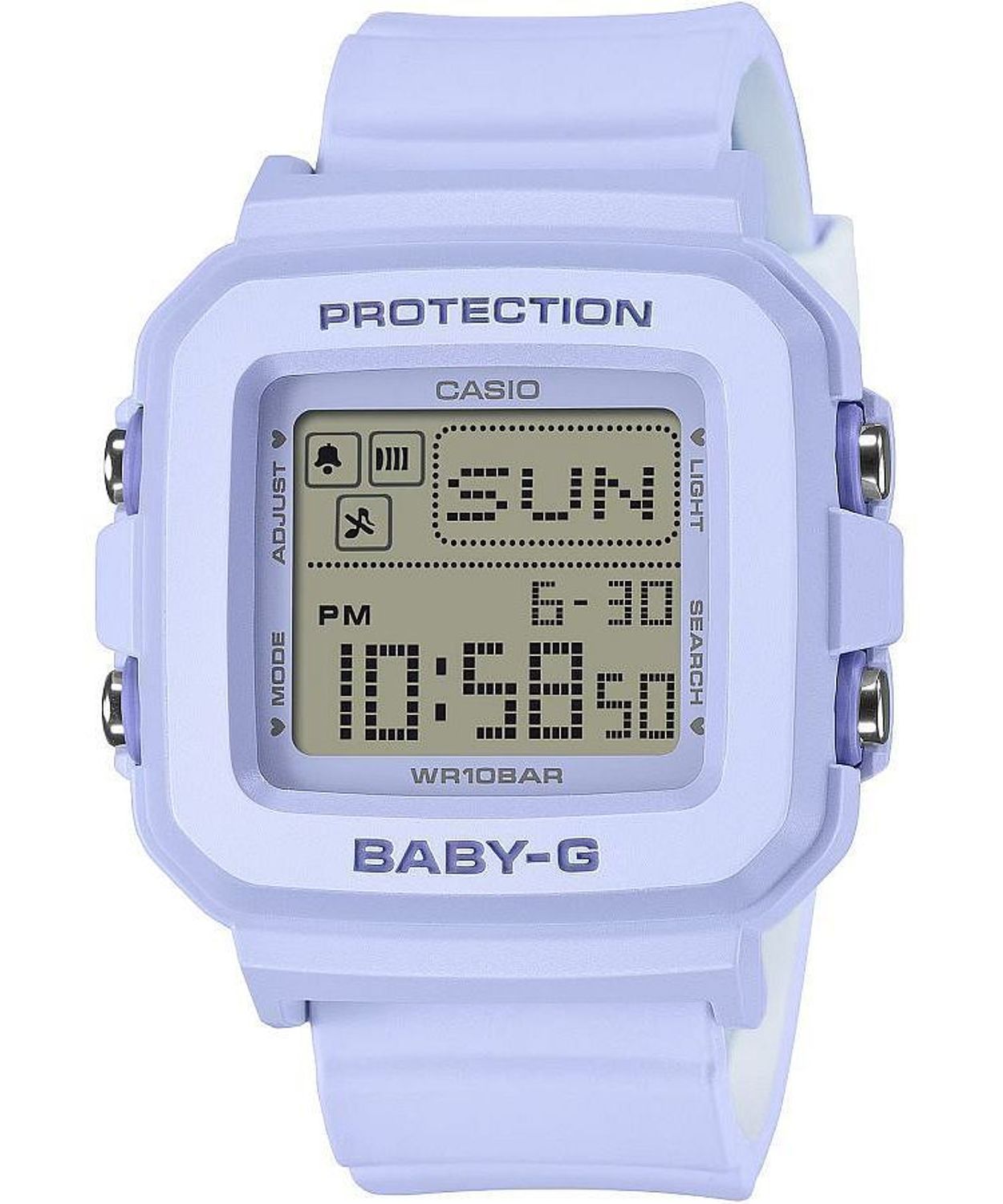 Sportowy zegarek damski Casio BABY-G BGD-10KH-2BER w fioletowym kolorze. 100 m wodoszczelności, Super Illuminator, 5 alarmów i zestaw z uchwytem serce.22.jpg