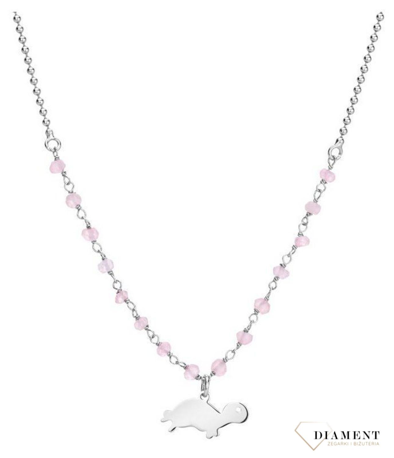 Urokliwy naszyjnik srebrny z próby 925, ozdobiony różowymi koralikami nadają kompozycji wyjątkowego wdzięku..jpg