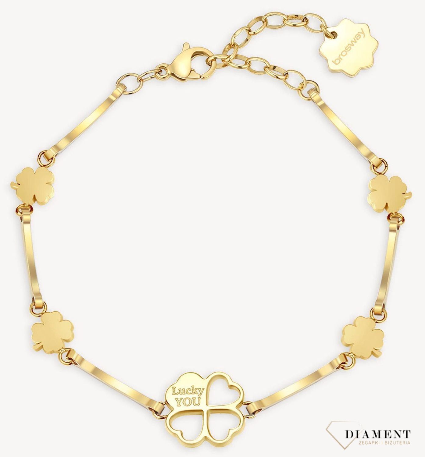 Bransoletka damska stalowa BROSWAY ''Chakra Lucky Charm'' BHKB012 💎 Bransoletka wykonana ze stali w kolorze złotym 💎 Bransoletka z czterolistną koniczyną i przezroczystymi kryształkami. 💎 (3).jpg