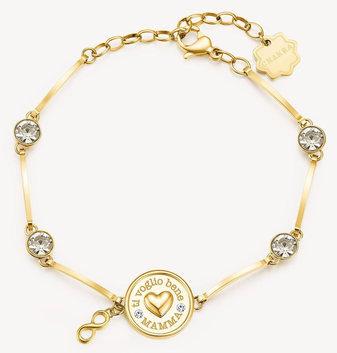 Bransoletka damska stalowa BROSWAY ''Chakra Rodzina'' BHKB102 💎 Bransoletka wykonana ze stali w kolorze złotym 💎 Bransoletka z sercem i grawerem z zawieszką w kształcie nieskończoności i kryształkami. 💎 (2).jpg