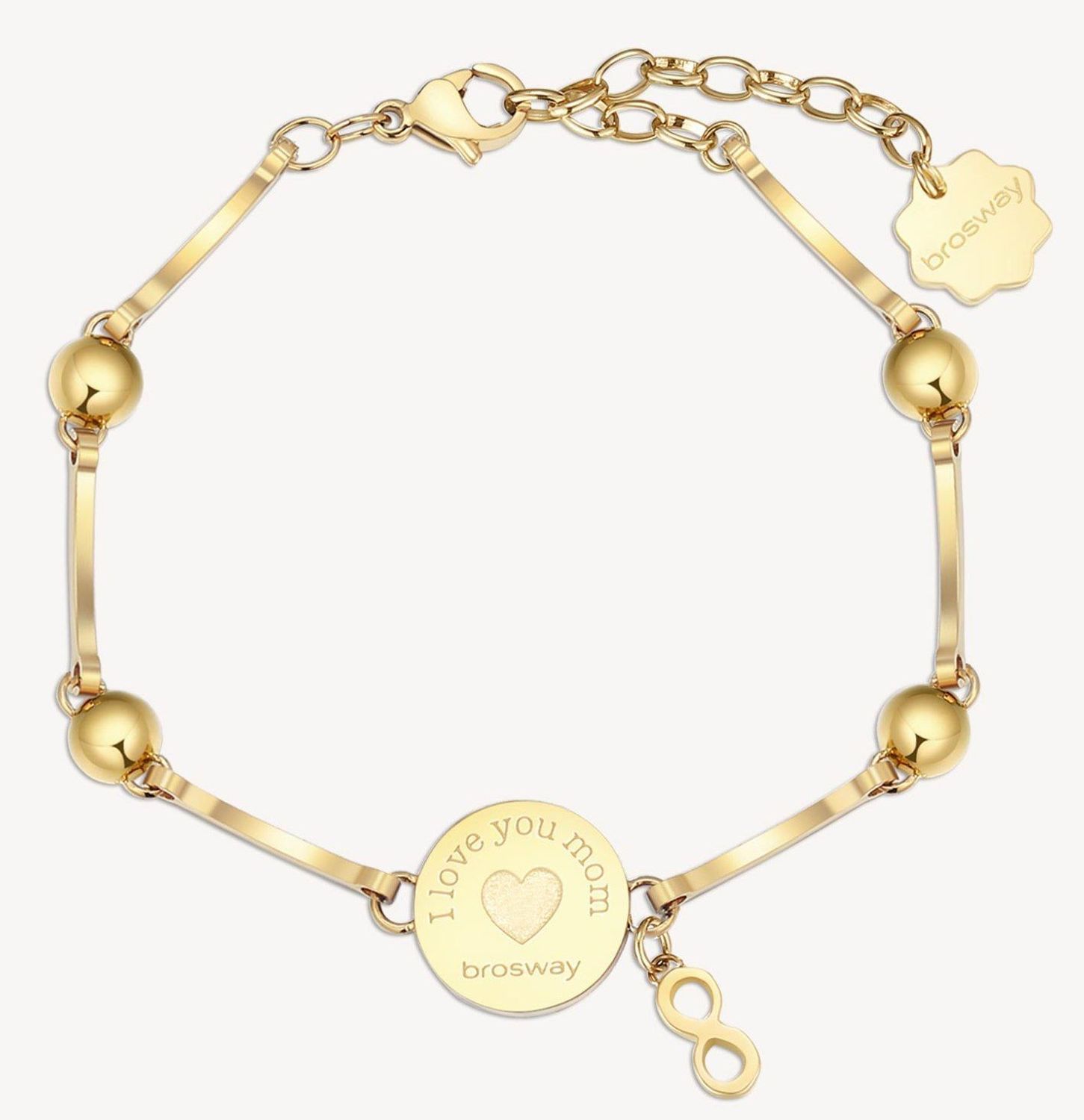 Bransoletka damska stalowa BROSWAY ''Chakra Rodzina'' BHKB102 💎 Bransoletka wykonana ze stali w kolorze złotym 💎 Bransoletka z sercem i grawerem z zawieszką w kształcie nieskończoności i kryształkami. 💎 (2).jpg