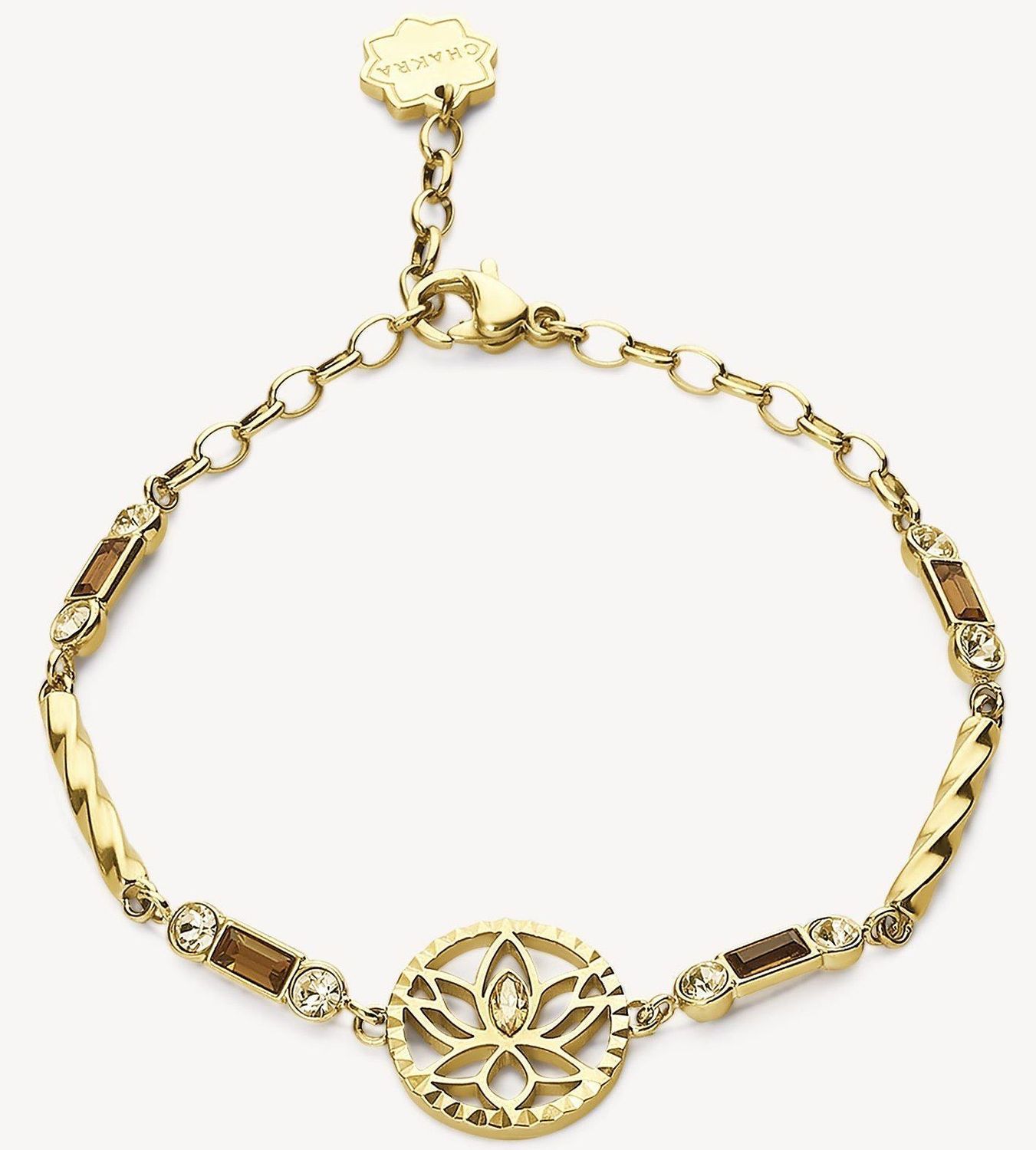 Bransoletka damska stalowa BROSWAY '' Chakra Mistyczna'' BHKB113 💎 Bransoletka wykonana ze stali w kolorze złotym 💎 Bransoletka z kwiatem lotosu, kryształami w złotym cieniu, jasnym złotym kwarcem i przydymionym topazem .jpg