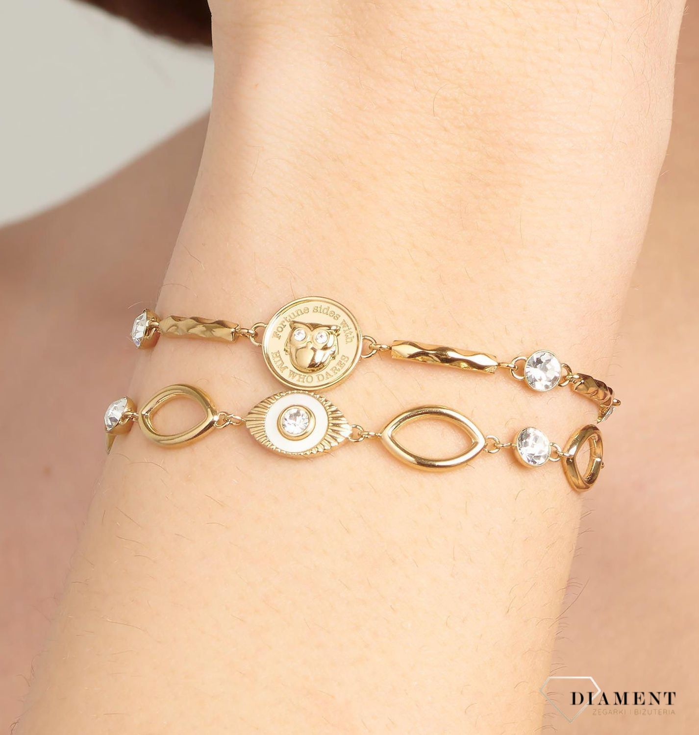 Bransoletka damska stalowa BROSWAY ''Chakra Powodzenia'' BHKB122 💎 Bransoletka wykonana ze stali w kolorze złotym 💎 Stalowa pojedyncza  bransoletka z sową i przezroczystymi kryształkami. 💎 (2).jpg