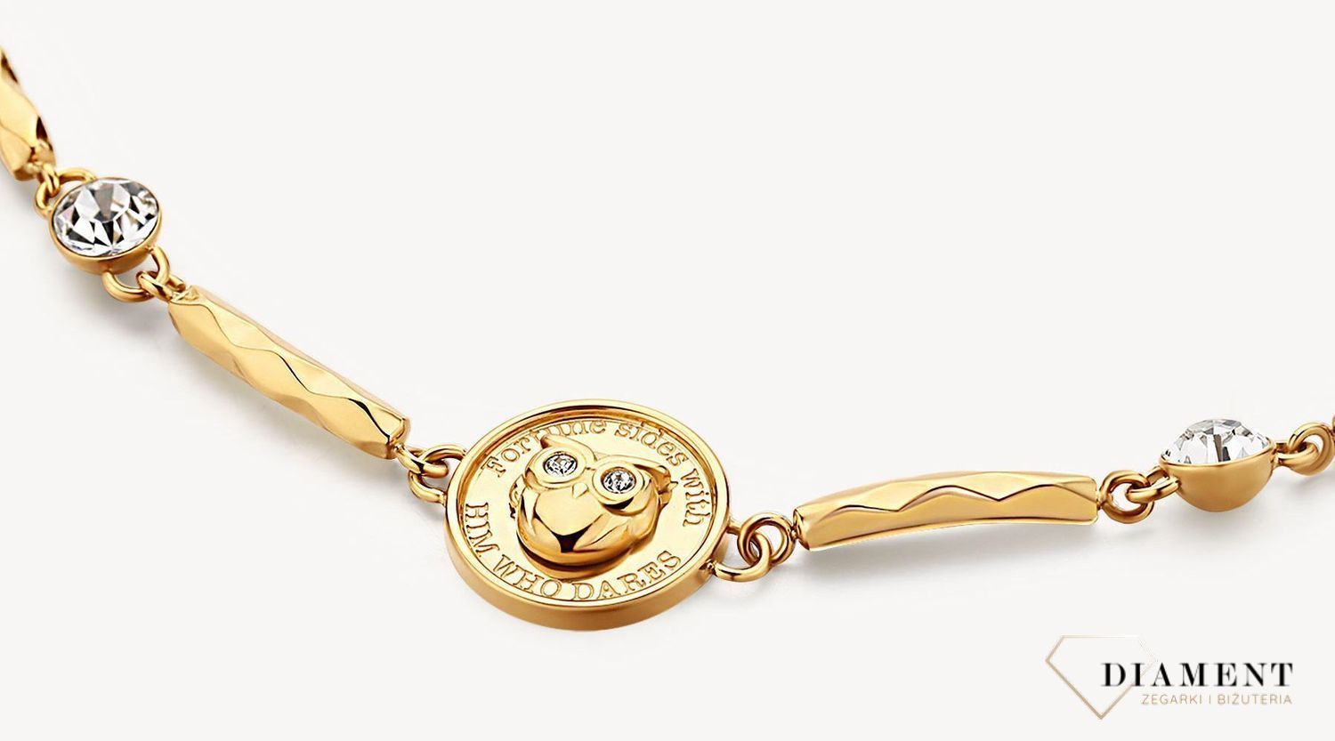 Bransoletka damska stalowa BROSWAY ''Chakra Powodzenia'' BHKB122 💎 Bransoletka wykonana ze stali w kolorze złotym 💎 Stalowa pojedyncza  bransoletka z sową i przezroczystymi kryształkami. 💎 (2).jpg