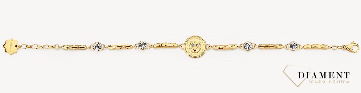 Bransoletka damska stalowa BROSWAY ''Chakra Powodzenia'' BHKB122 💎 Bransoletka wykonana ze stali w kolorze złotym 💎 Stalowa pojedyncza  bransoletka z sową i przezroczystymi kryształkami. 💎 (2).jpg