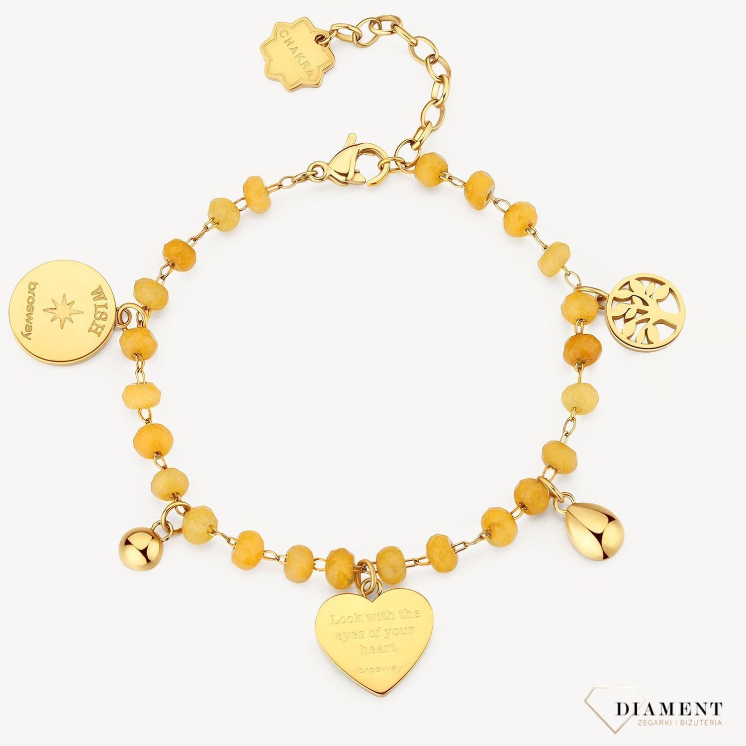 Bransoletka damska stalowa BROSWAY '' Chakra Love'' BHKB132 💎 Bransoletka wykonana ze stali w kolorze złotym 💎 Bransoletka z chalcedonem w kolorze miodowym, zawieszkami w kształcie serca, drzewem życia, grawerowanym meda (4).jpg