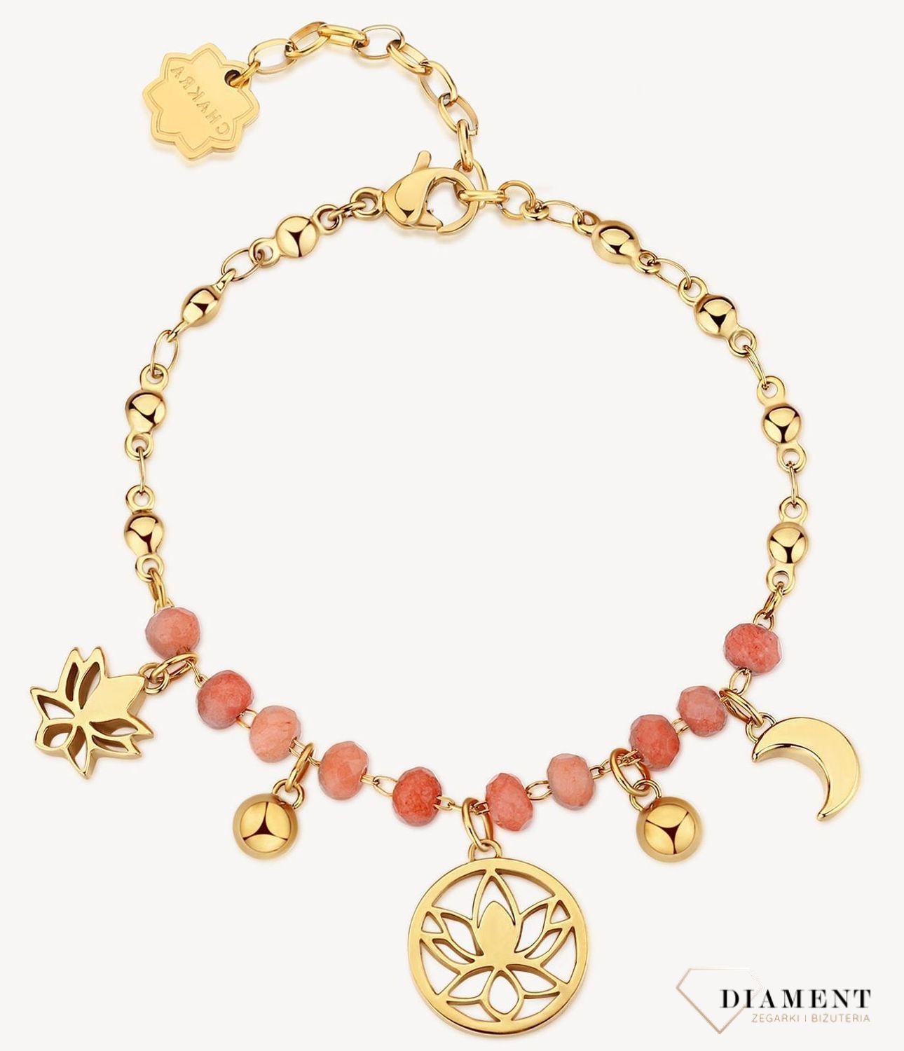 Bransoletka damska stalowa BROSWAY '' Chakra Mistyczna'' BHKB137 💎 Bransoletka wykonana ze stali w kolorze złotym 💎 Bransoletka z chalcedonem w kolorze koralowym, wisiorkami w kształcie kwiatu lotosu, księżycem i kryszta.jpg