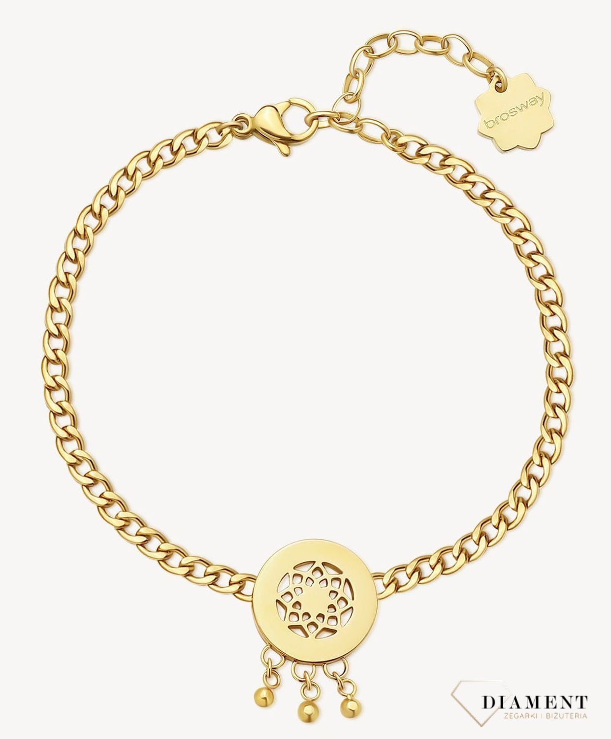 Bransoletka damska stalowa BROSWAY '' Chakra Łapacz Snów''  BHKB146 💎 Bransoletka wykonana ze stali w kolorze złotym 💎 Bransoletka z zawieszką w kształcie łapacza snów i kryształkami. 💎.jpg
