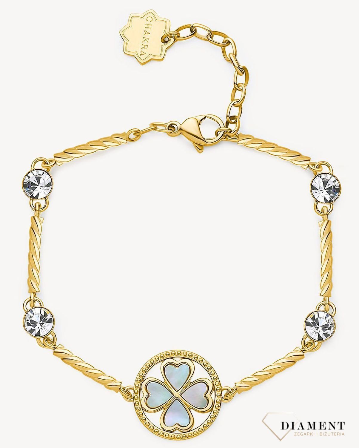 Bransoletka damska stalowa BROSWAY '' Chakra Lucky'' BHKB152 💎 Bransoletka wykonana ze stali w kolorze złotym 💎 Bransoletka z centralnym kształtem czterolistnej koniczyny z zieloną masą perłową i kryształkami. 💎 (2).jpg