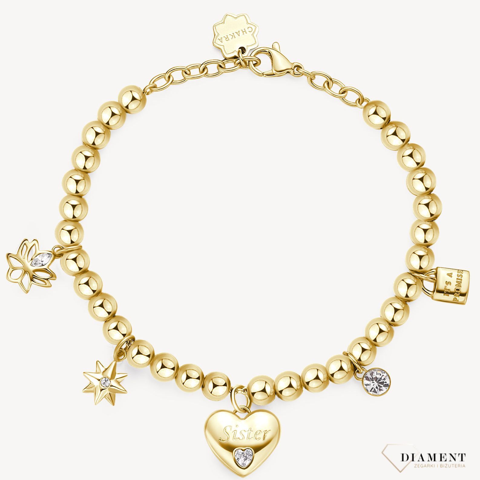 Bransoletka damska stalowa BROSWAY ''Chakra Powodzenia'' BHKB122 💎 Bransoletka wykonana ze stali w kolorze złotym 💎 Stalowa pojedyncza  bransoletka z sercem z napisem siostra oraz elementami zdobnymi. 💎 (2).jpg