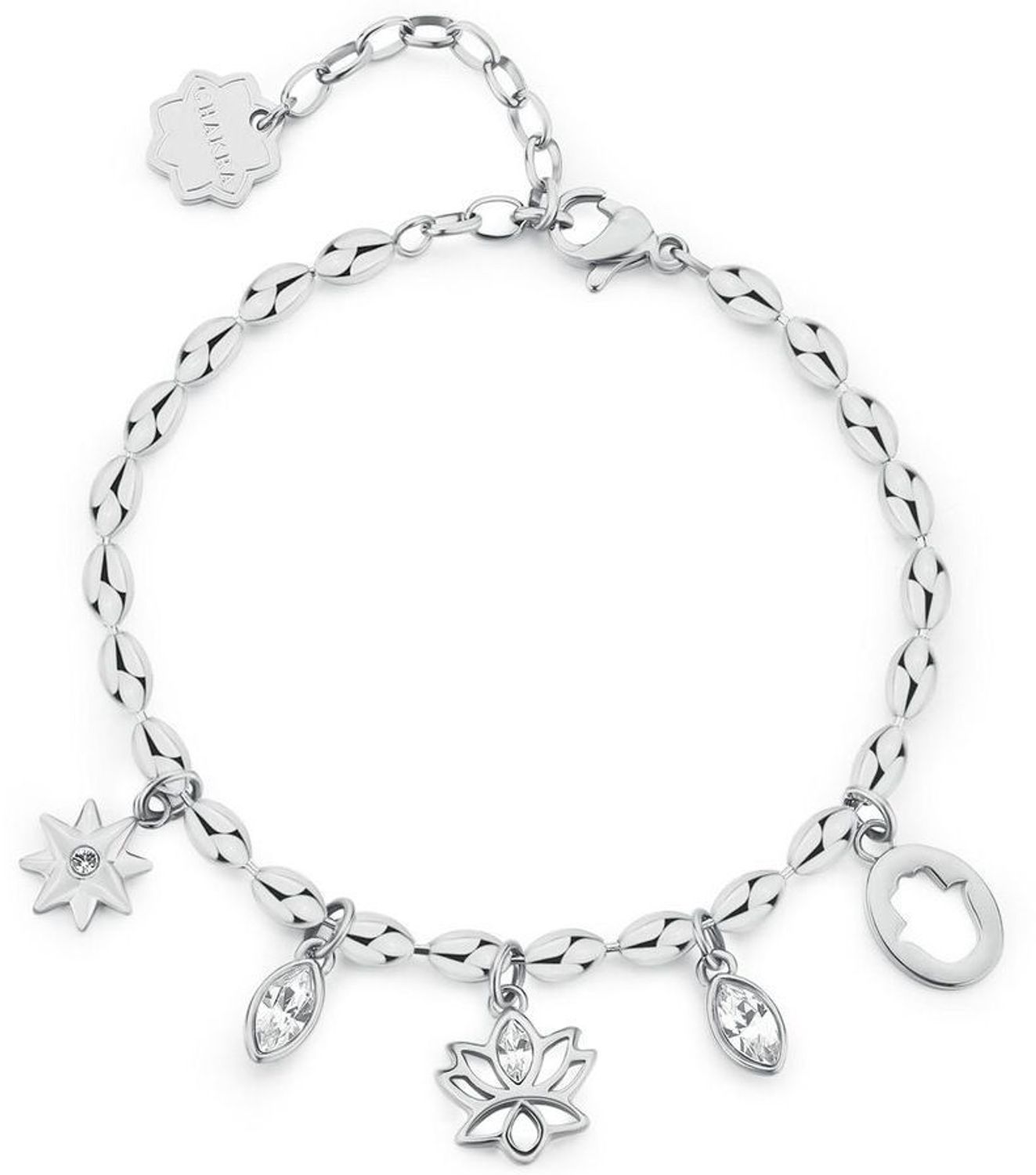 Bransoletka Brosway CHAKRA BHKB251 z kolekcji Chakra. Wykonana ze stali chirurgicznej 316L, ozdobiona białymi kamieniami i zawieszkami symbolizującymi szczęście i ochronę. Idealna na co dzień 1.jpg