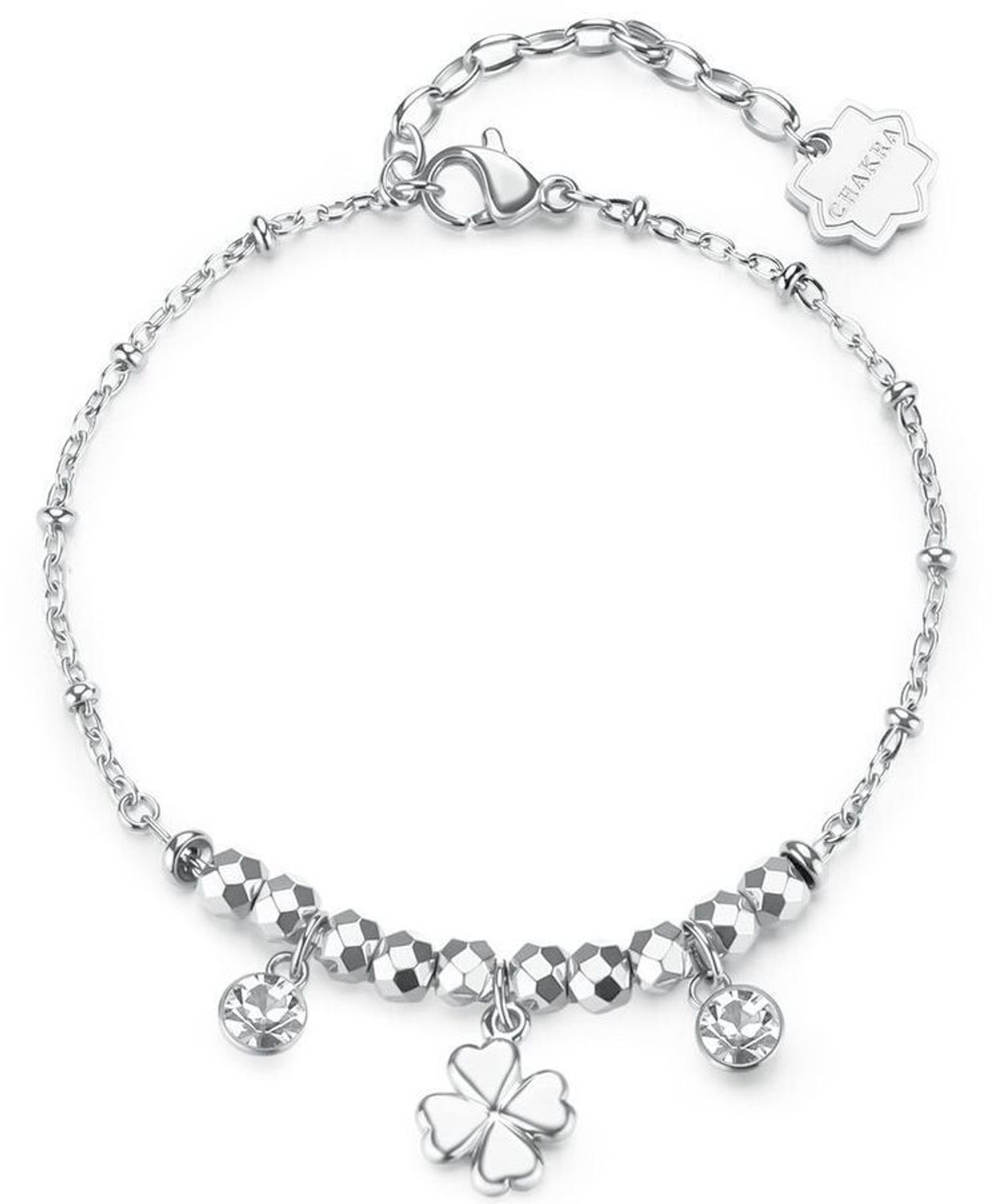 Bransoletka Brosway CHAKRA BHKB265 wykonana ze stali chirurgicznej 316L. Ozdobiona przezroczystymi kamieniami i zawieszką w kształcie czterolistnej koniczyny. Elegancki prezent dla kobiety.1.jpg