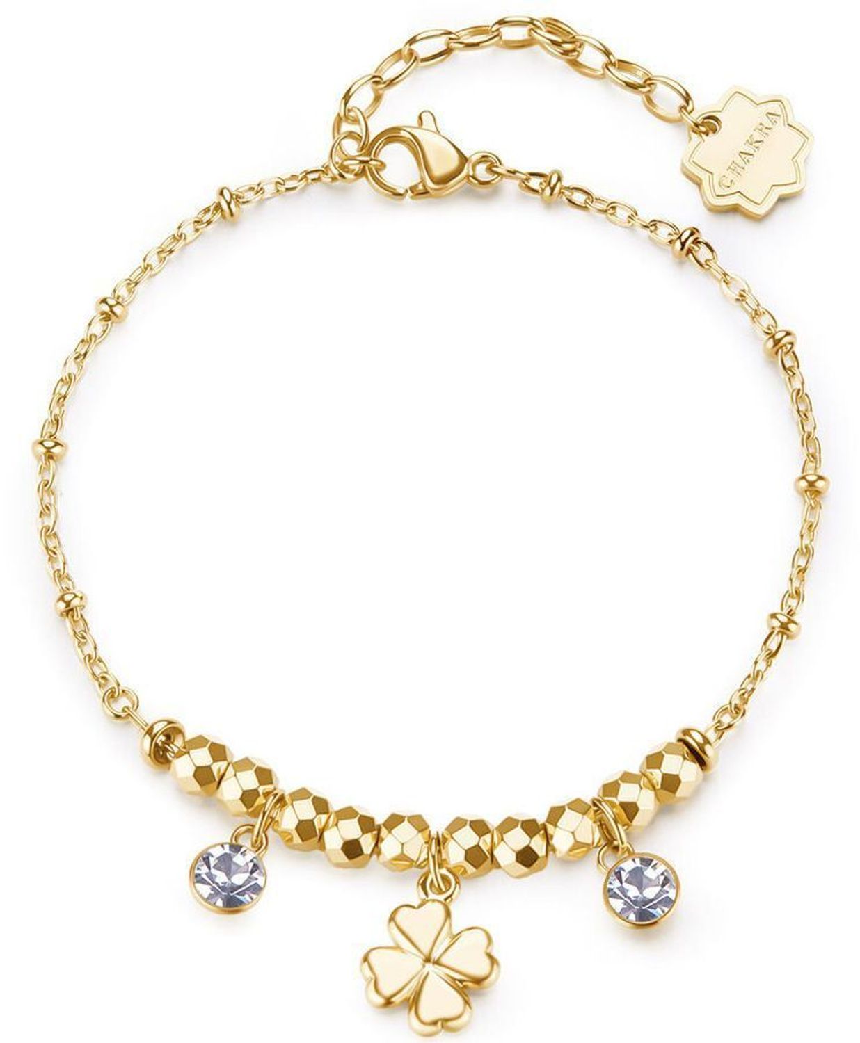 Złota bransoletka Brosway Chakra BHKB266 z koniczynką i przezroczystymi kamieniami. Symbol szczęścia i elegancji. Oryginalne pudełko, idealna na prezent.1.jpg