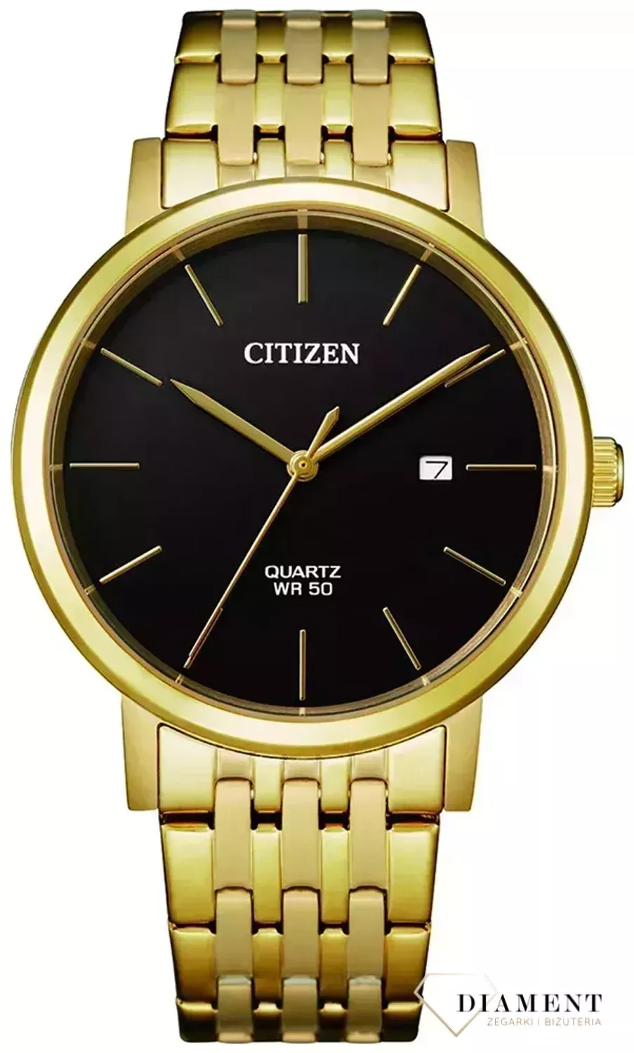 Zegarek męski Citizen BI5072-51E koloru złotego wyposażony jest w kwarcowy mechanizm, zasilany za pomocą baterii. Posiada bardzo wysoką dokładność mierzenia czasu +- 10 sekund w przeciągu 30 dni..webp