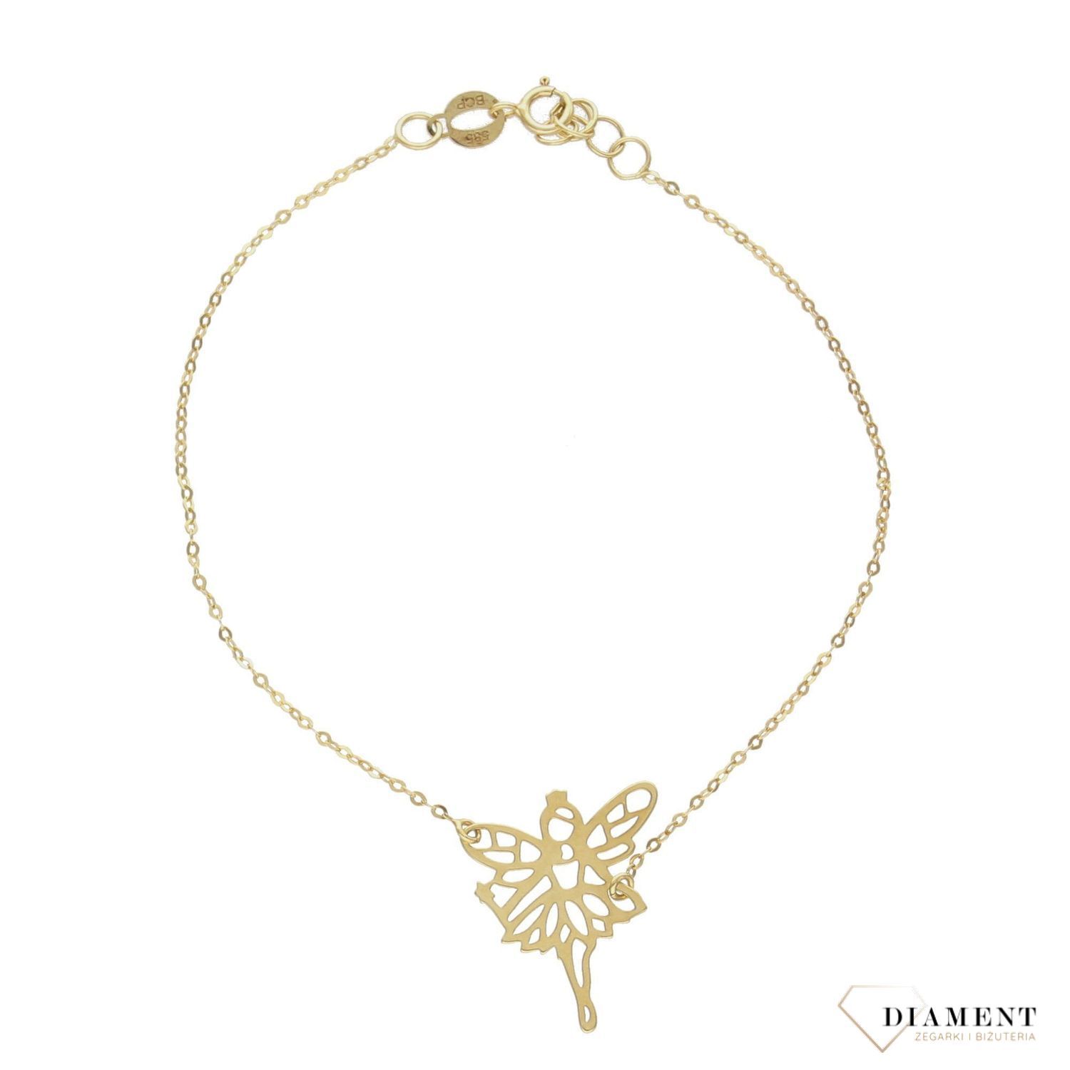 Piękna złota bransoletka typu celebrytka z nowoczesnym elementem ozdobnym w postaci wróżki. Bransoletka została wykonana z wysokiej jakości złota próby 585.  (1).jpg