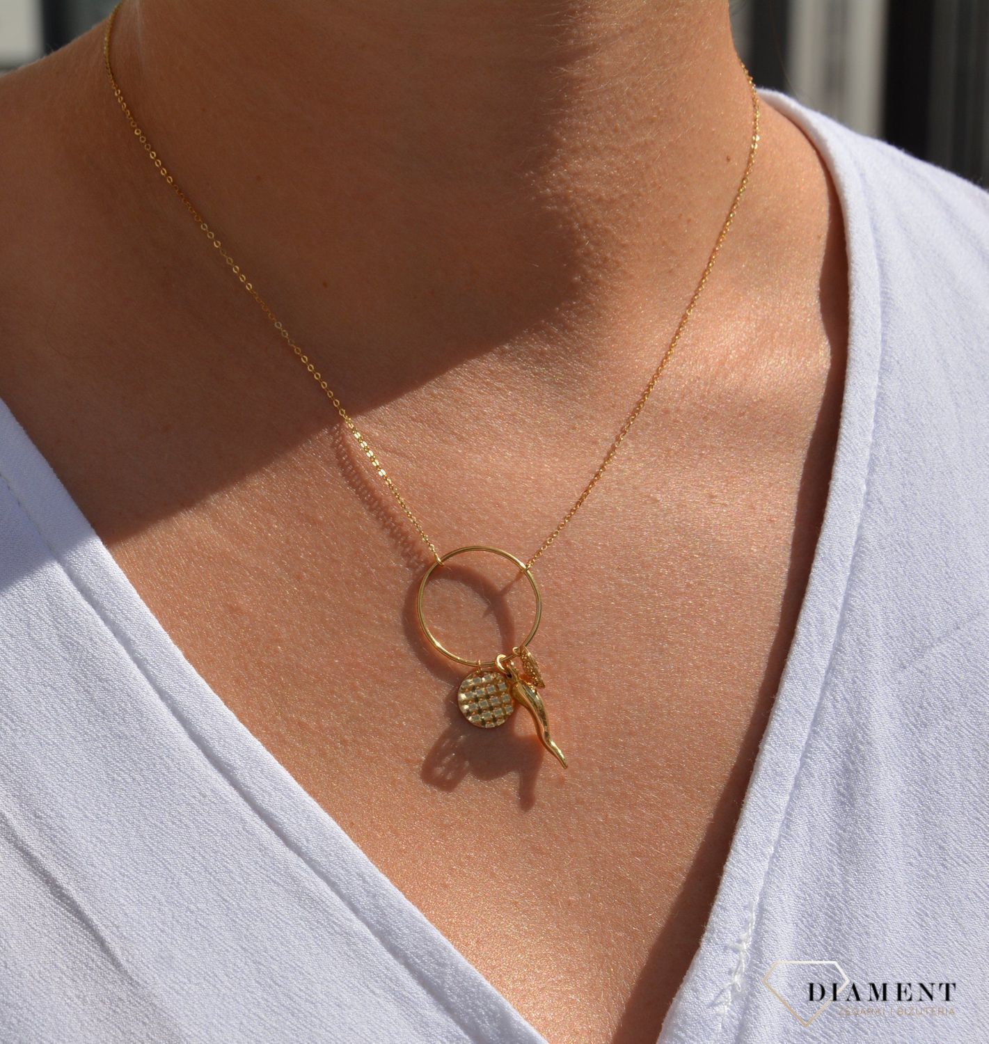 Złoty naszyjnik celebrytka 585 'koła z zawieszkami'.jpg